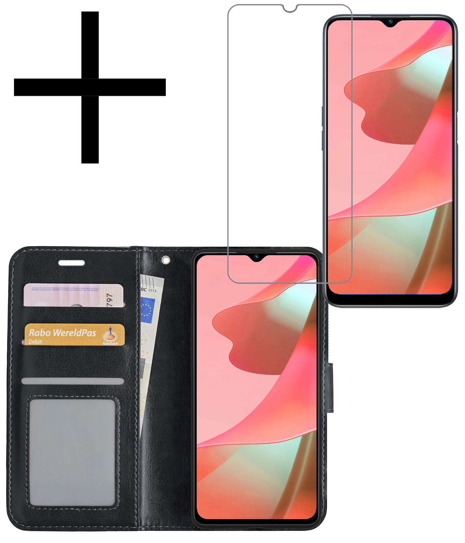 NoXx Hoes Geschikt voor OPPO A16 Hoesje Book Case Hoes Flip Cover Wallet Bookcase Met Screenprotector - Zwart