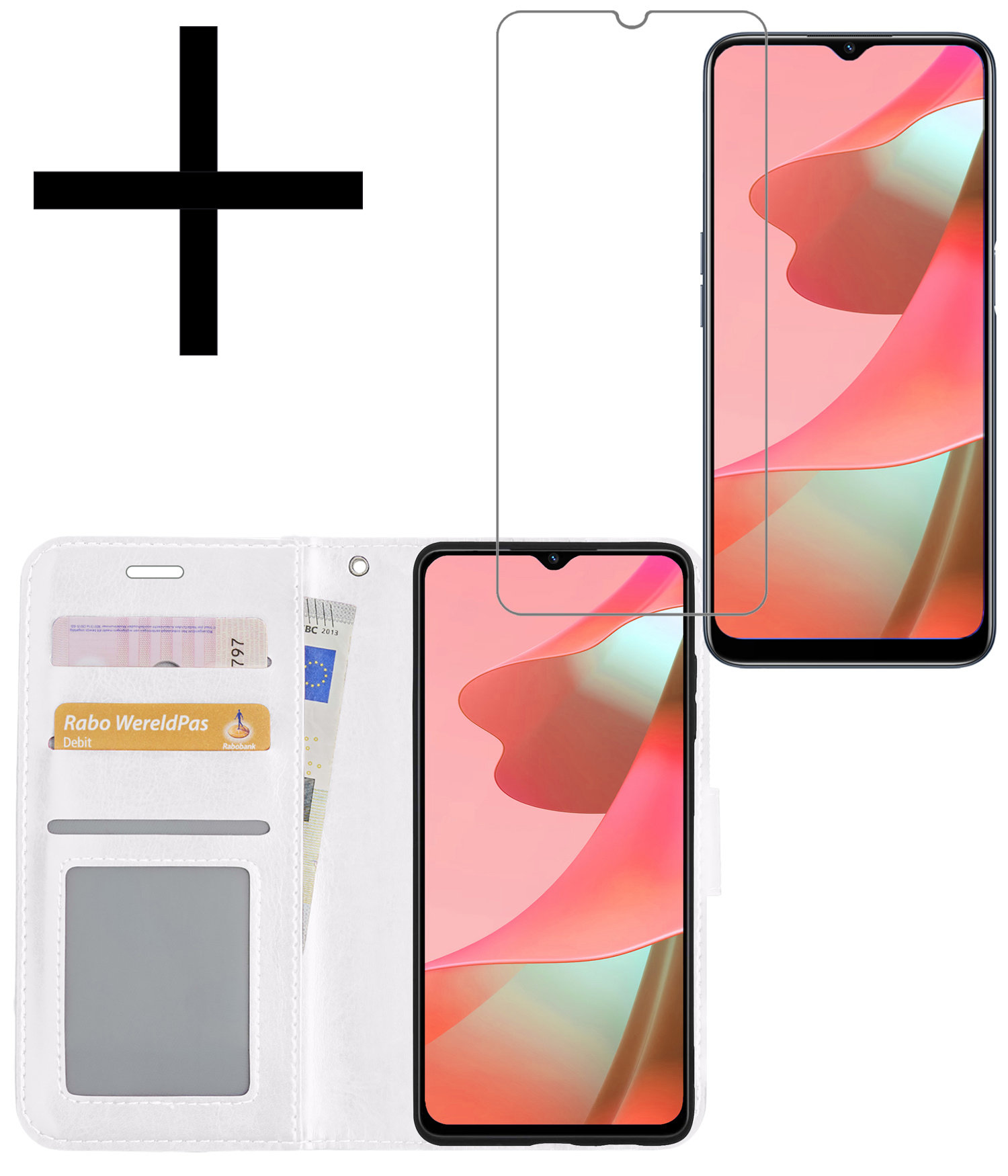 NoXx Hoes Geschikt voor OPPO A16 Hoesje Book Case Hoes Flip Cover Wallet Bookcase Met Screenprotector - Wit