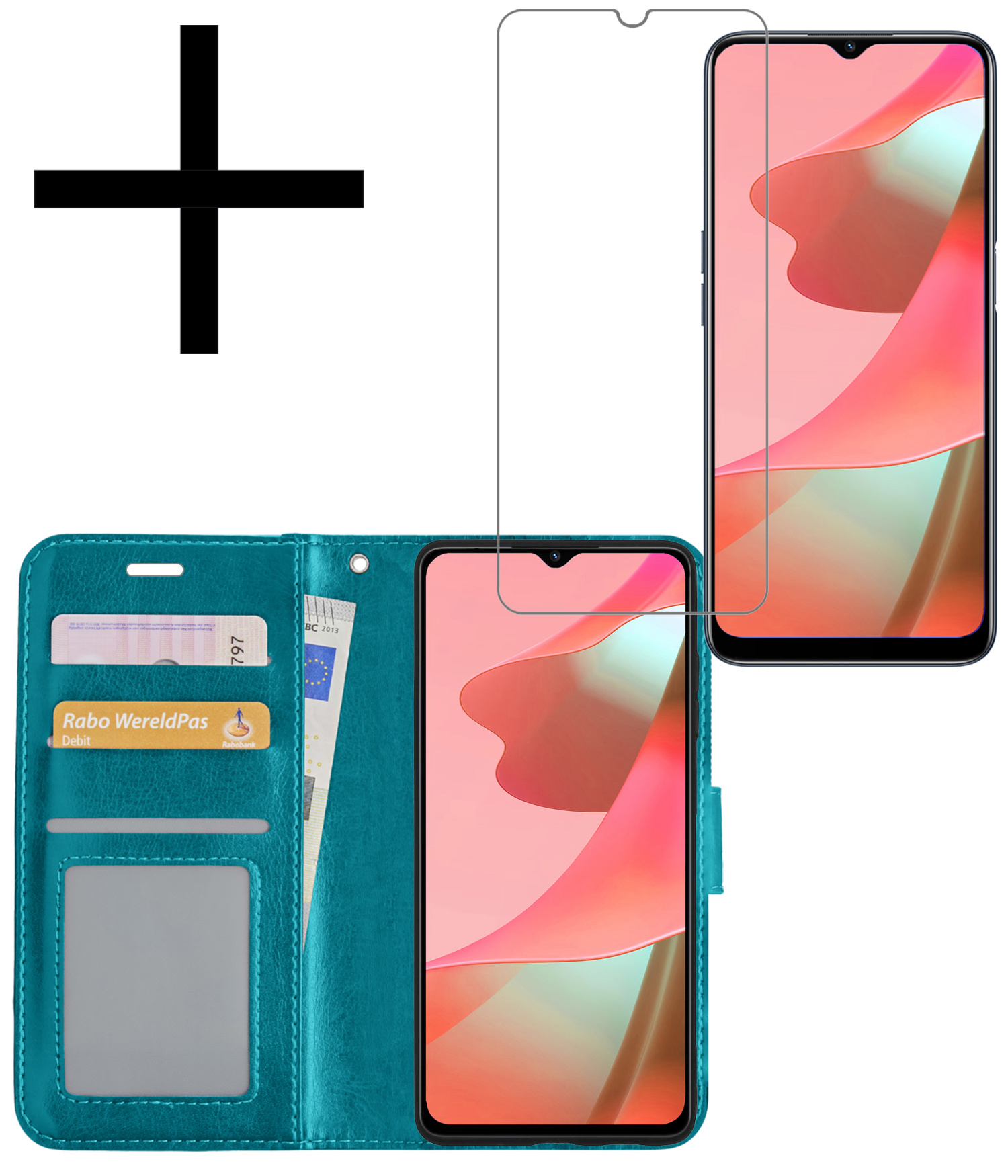 NoXx Hoes Geschikt voor OPPO A16 Hoesje Book Case Hoes Flip Cover Wallet Bookcase Met Screenprotector - Turquoise