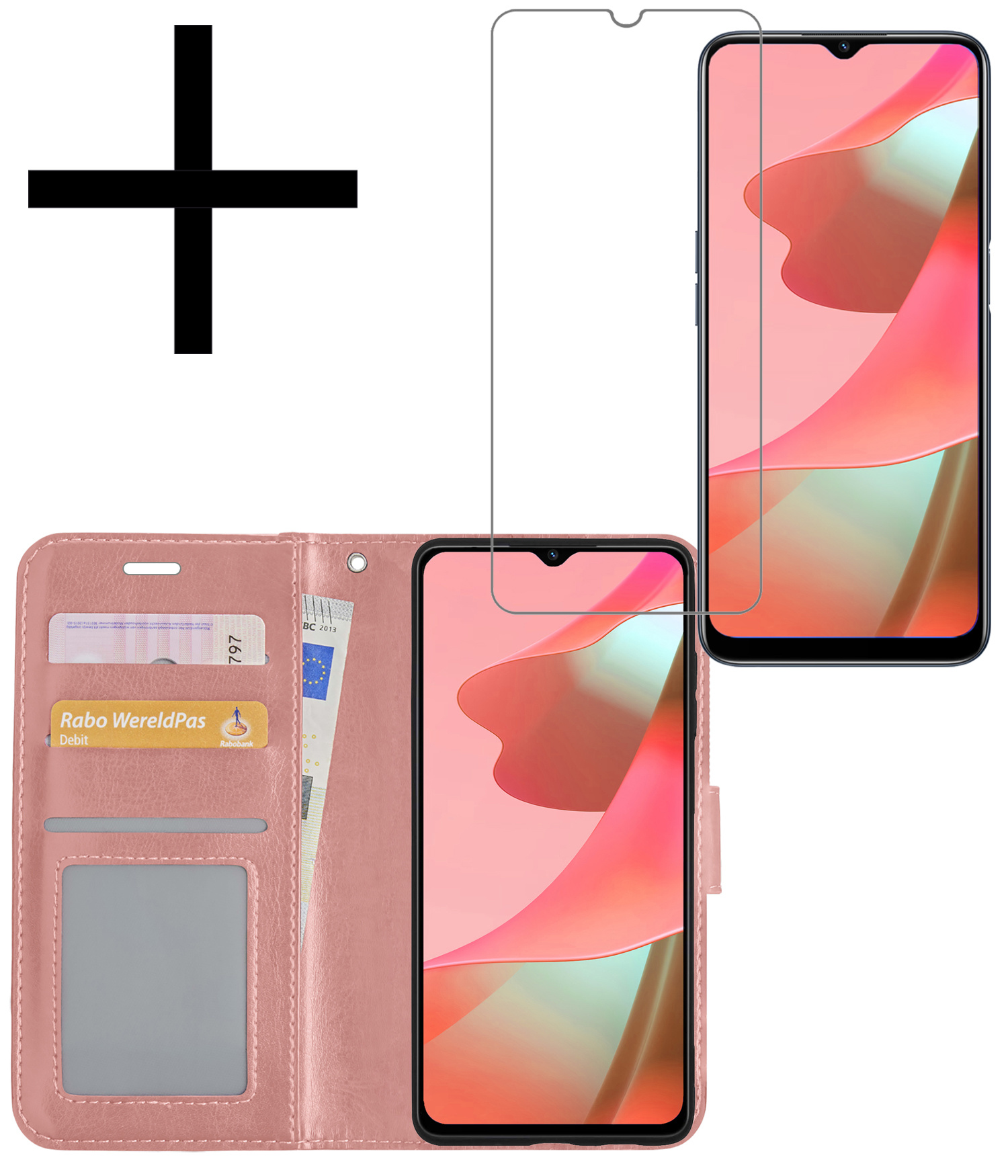 NoXx Hoes Geschikt voor OPPO A16 Hoesje Book Case Hoes Flip Cover Wallet Bookcase Met Screenprotector - Rosé goud