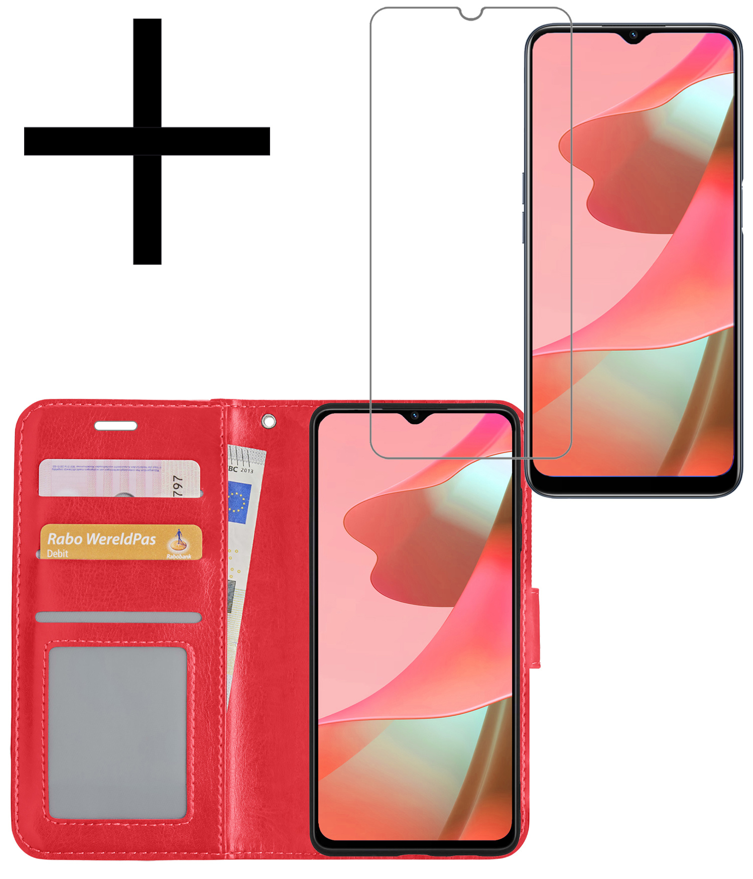 NoXx Hoes Geschikt voor OPPO A16 Hoesje Book Case Hoes Flip Cover Wallet Bookcase Met Screenprotector - Rood