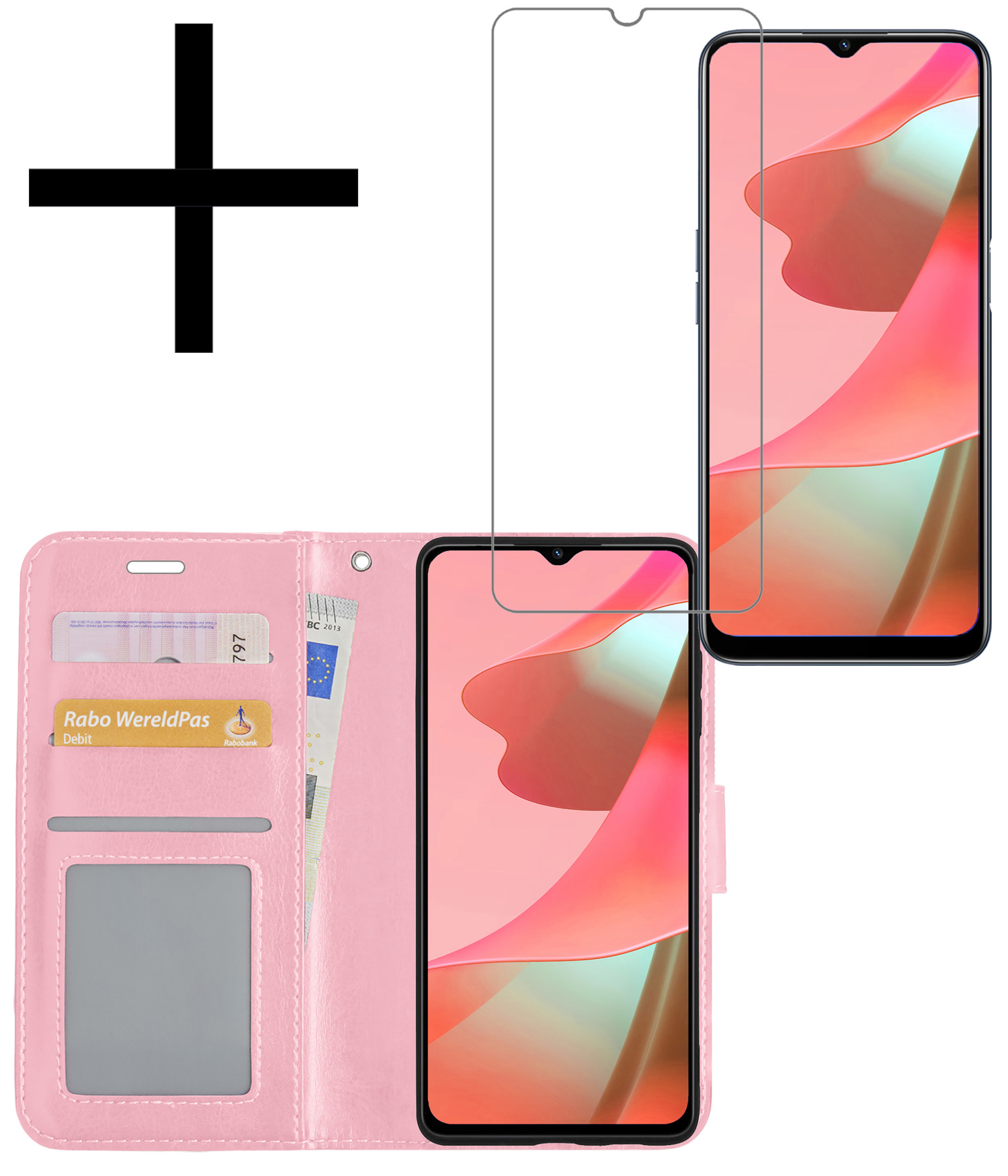 NoXx Hoes Geschikt voor OPPO A16 Hoesje Book Case Hoes Flip Cover Wallet Bookcase Met Screenprotector - Lichtroze