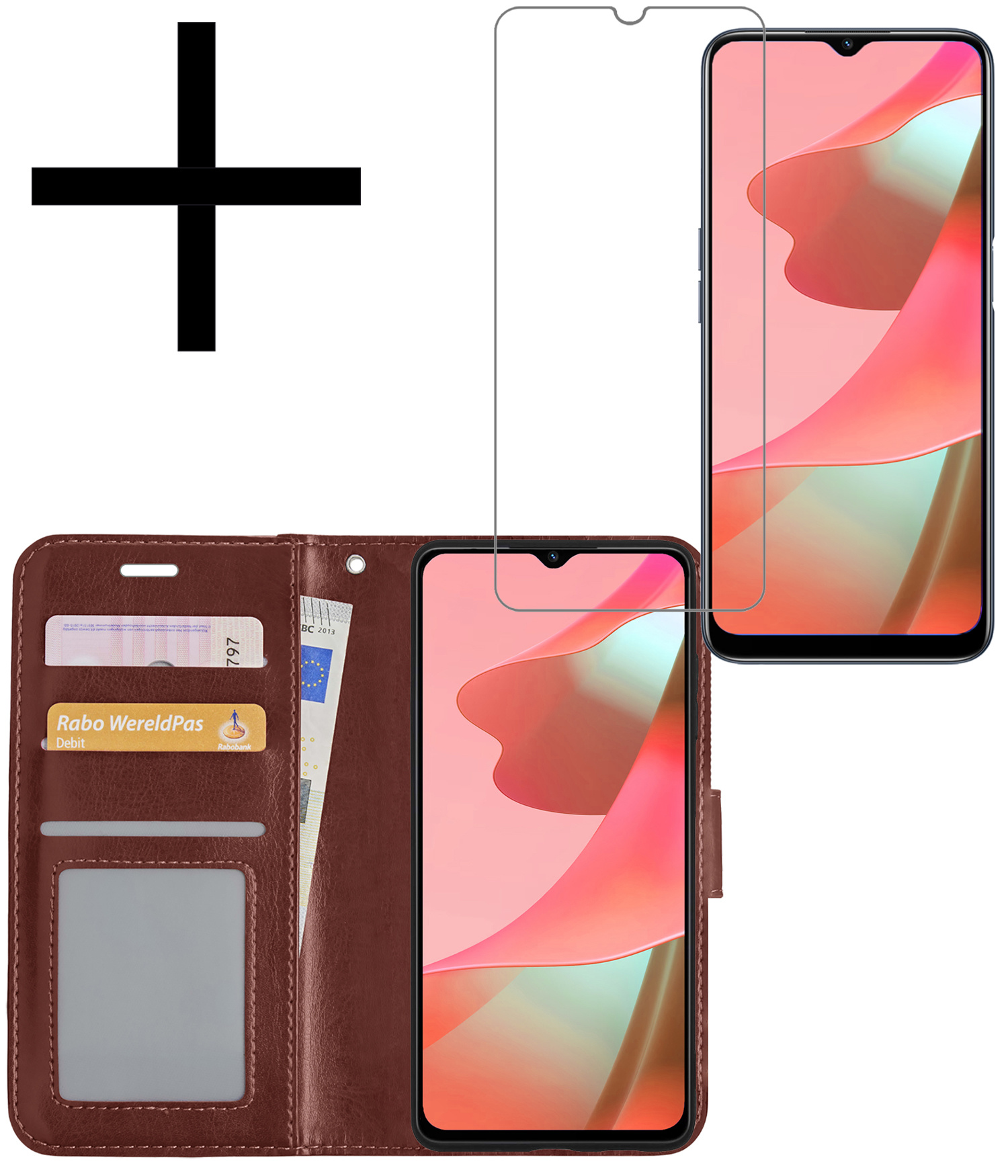 NoXx Hoes Geschikt voor OPPO A16 Hoesje Book Case Hoes Flip Cover Wallet Bookcase Met Screenprotector - Bruin