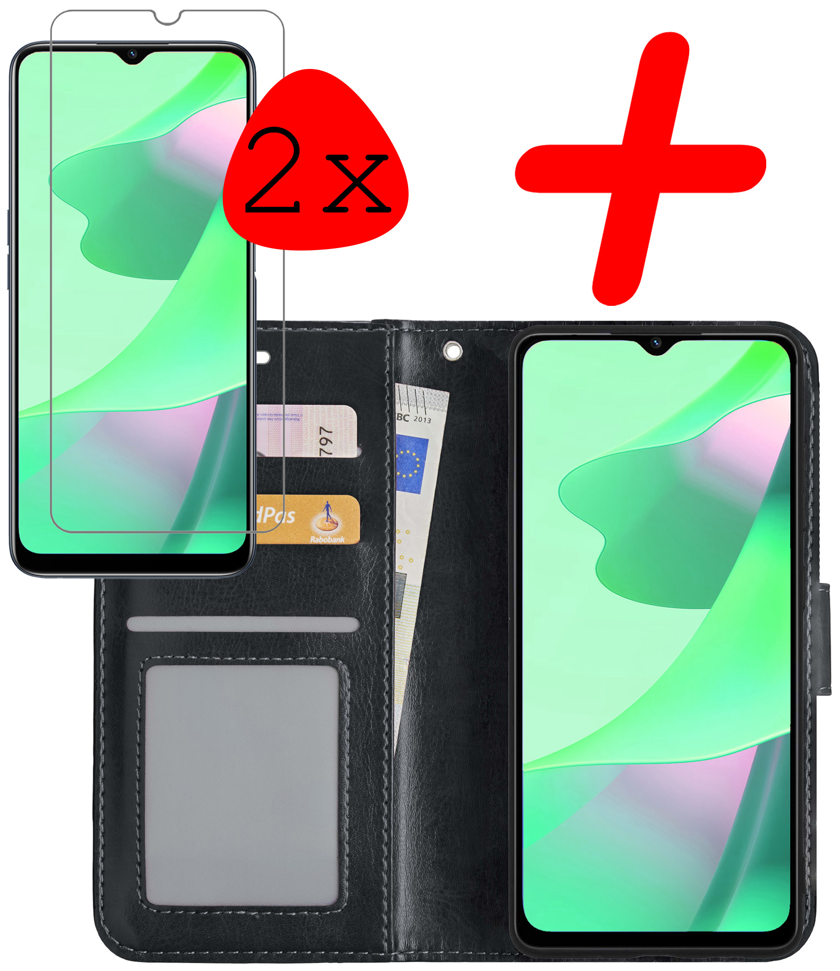 BASEY. Hoes Geschikt voor OPPO A16 Hoesje Bookcase Hoes Flip Case Book Cover Met 2x Screenprotector - Hoesje Geschikt voor OPPO A16 Hoes Book Case Hoesje - Zwart