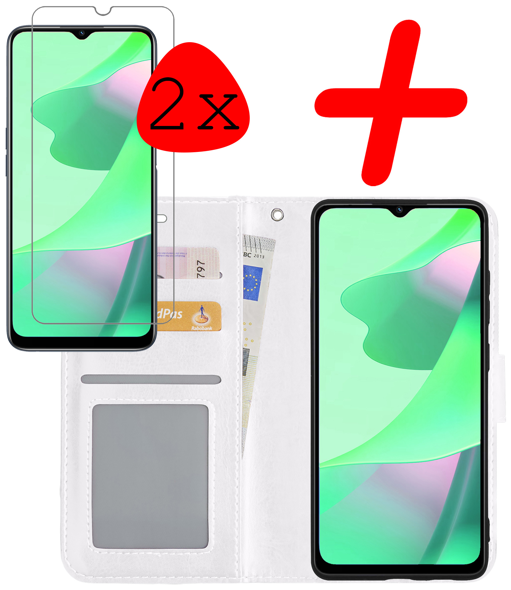 BASEY. Hoes Geschikt voor OPPO A16 Hoesje Bookcase Hoes Flip Case Book Cover Met 2x Screenprotector - Hoesje Geschikt voor OPPO A16 Hoes Book Case Hoesje - Wit