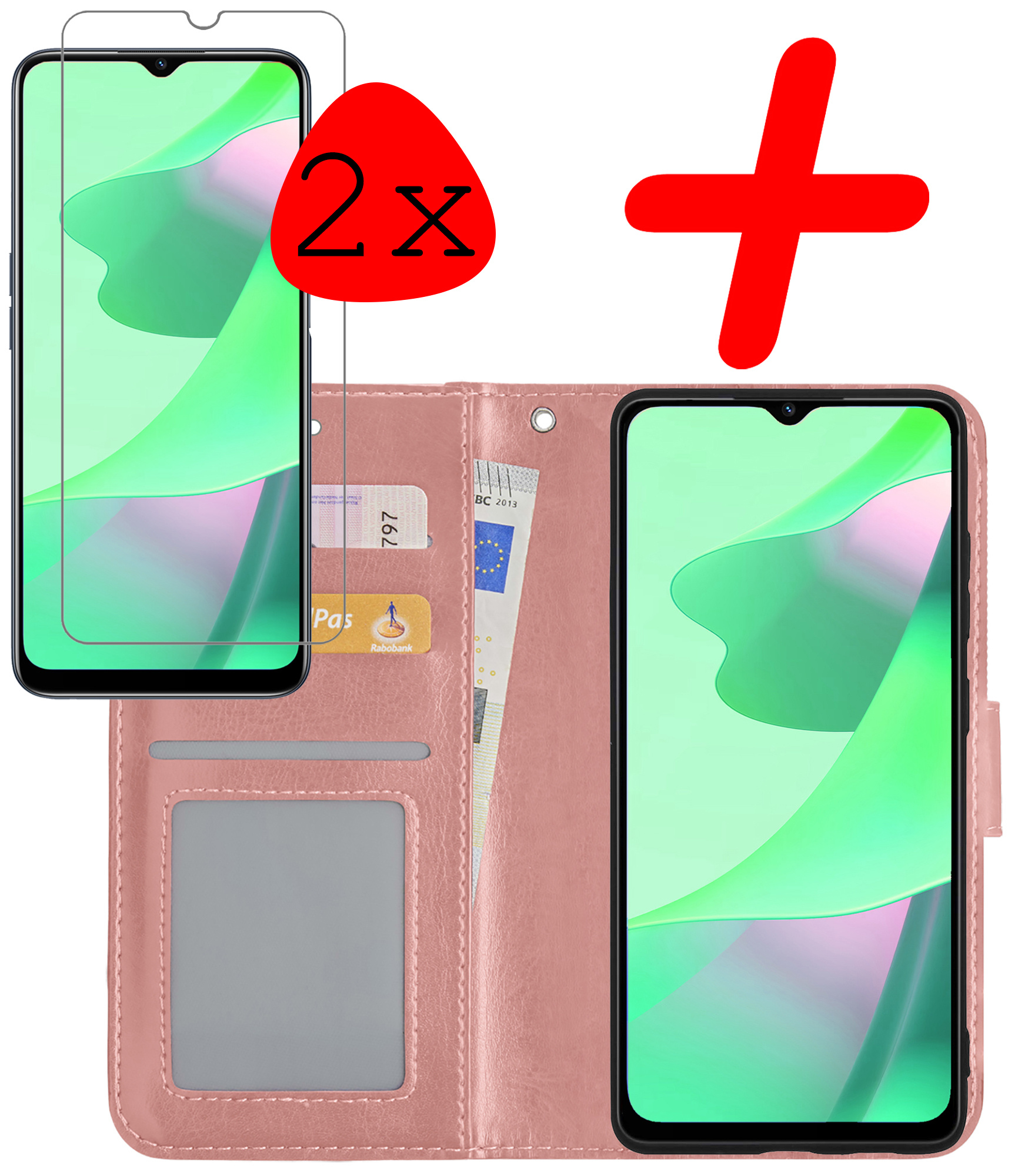 BASEY. Hoes Geschikt voor OPPO A16 Hoesje Bookcase Hoes Flip Case Book Cover Met 2x Screenprotector - Hoesje Geschikt voor OPPO A16 Hoes Book Case Hoesje - Rosé goud