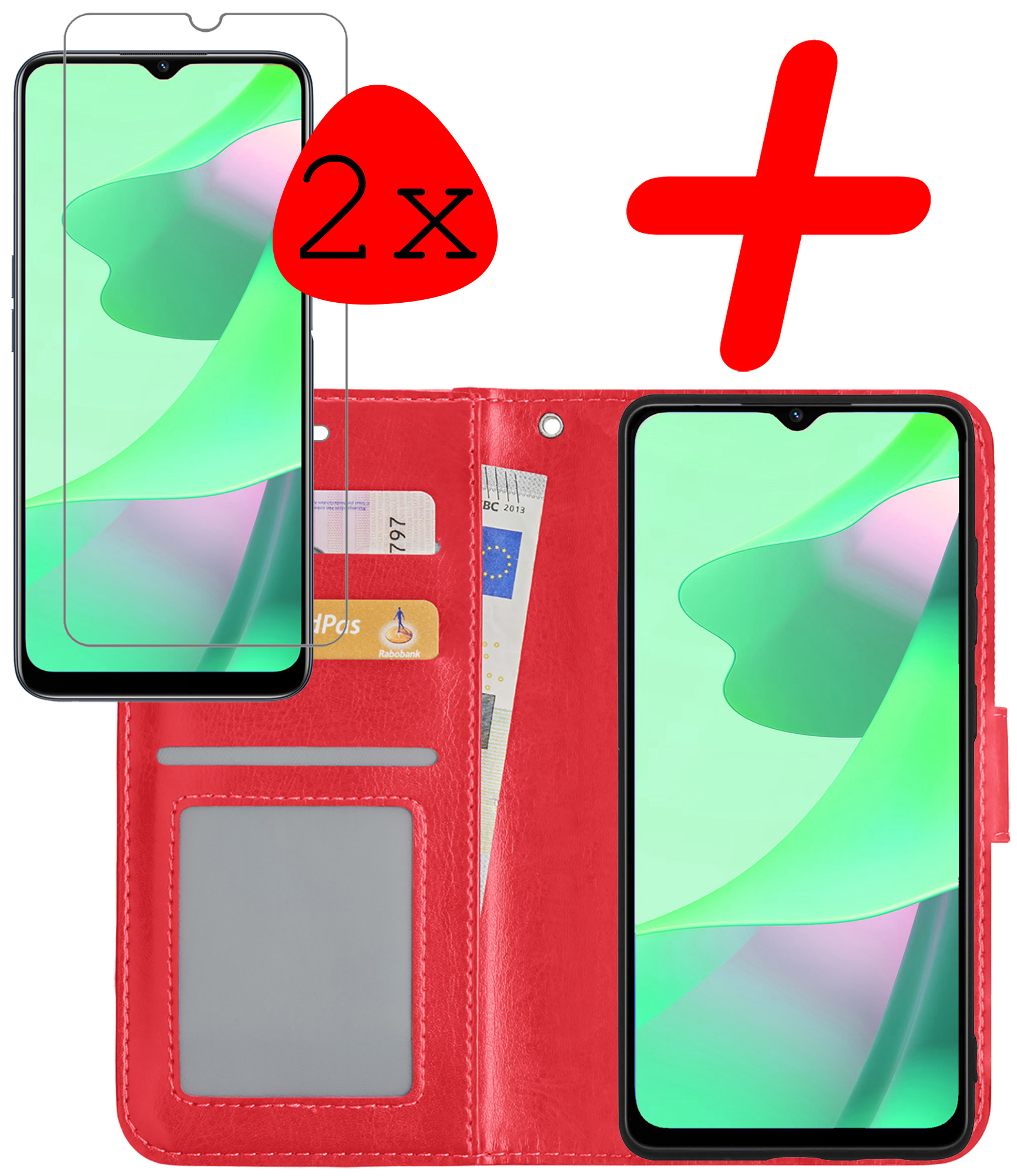 BASEY. Hoes Geschikt voor OPPO A16 Hoesje Bookcase Hoes Flip Case Book Cover Met 2x Screenprotector - Hoesje Geschikt voor OPPO A16 Hoes Book Case Hoesje - Rood