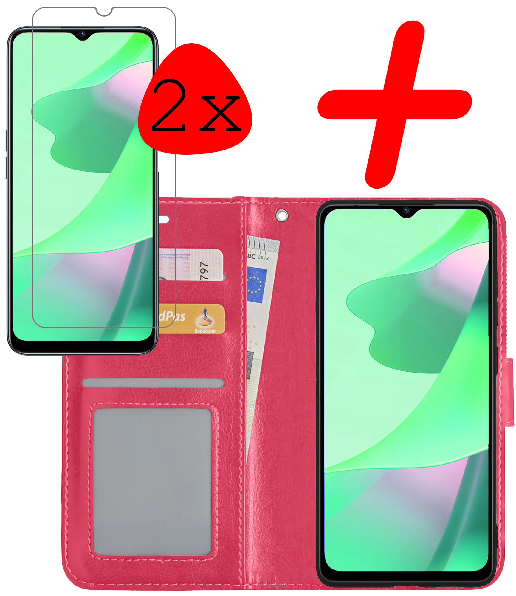 BASEY. Hoes Geschikt voor OPPO A16 Hoesje Bookcase Hoes Flip Case Book Cover Met 2x Screenprotector - Hoesje Geschikt voor OPPO A16 Hoes Book Case Hoesje - Donkerroze