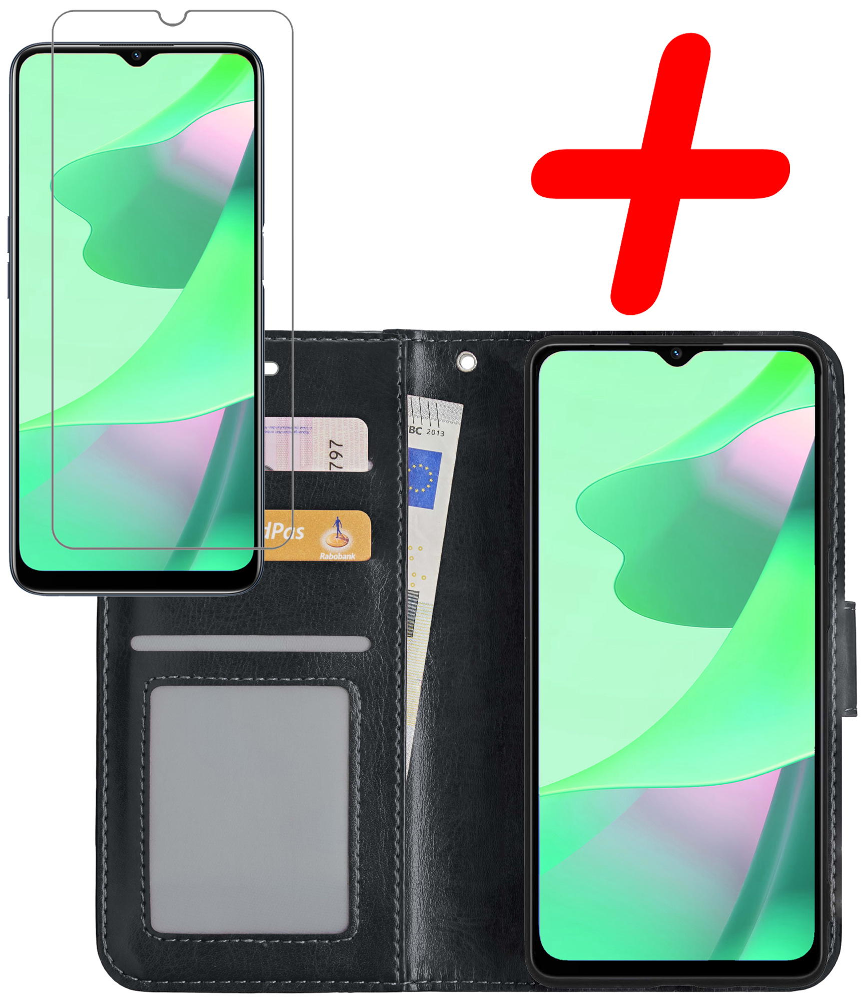 BASEY. Hoes Geschikt voor OPPO A16 Hoesje Bookcase Hoes Flip Case Book Cover Met Screenprotector - Hoesje Geschikt voor OPPO A16 Hoes Book Case Hoesje - Zwart