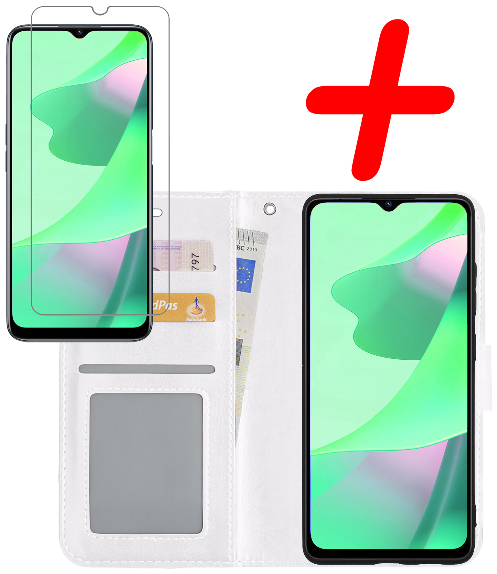 BASEY. Hoes Geschikt voor OPPO A16 Hoesje Bookcase Hoes Flip Case Book Cover Met Screenprotector - Hoesje Geschikt voor OPPO A16 Hoes Book Case Hoesje - Wit