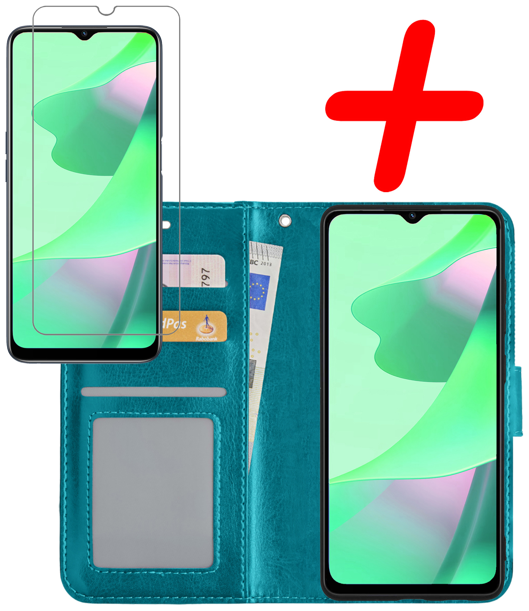 BASEY. Hoes Geschikt voor OPPO A16 Hoesje Bookcase Hoes Flip Case Book Cover Met Screenprotector - Hoesje Geschikt voor OPPO A16 Hoes Book Case Hoesje - Turquoise