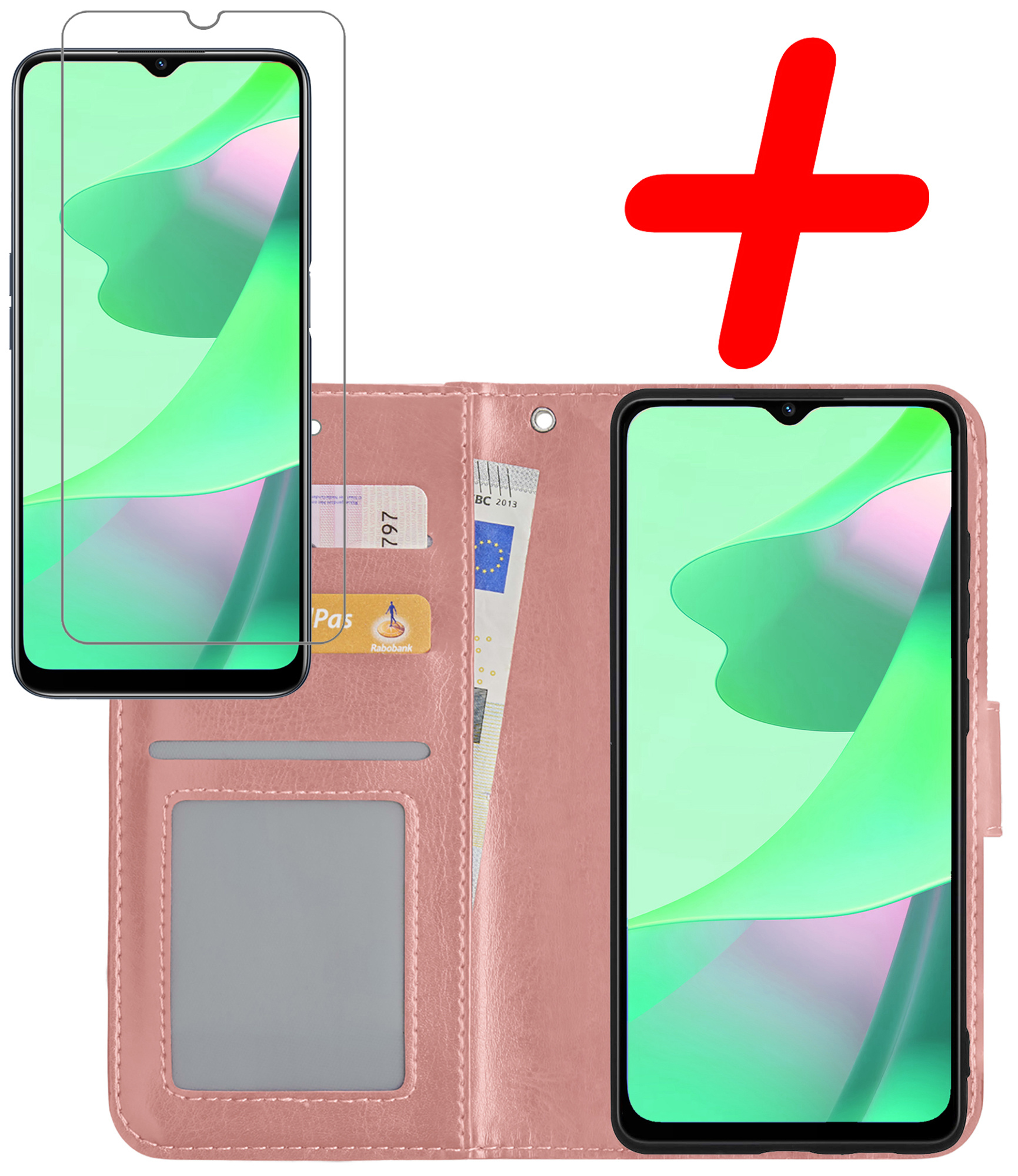BASEY. Hoes Geschikt voor OPPO A16 Hoesje Bookcase Hoes Flip Case Book Cover Met Screenprotector - Hoesje Geschikt voor OPPO A16 Hoes Book Case Hoesje - Rosé goud