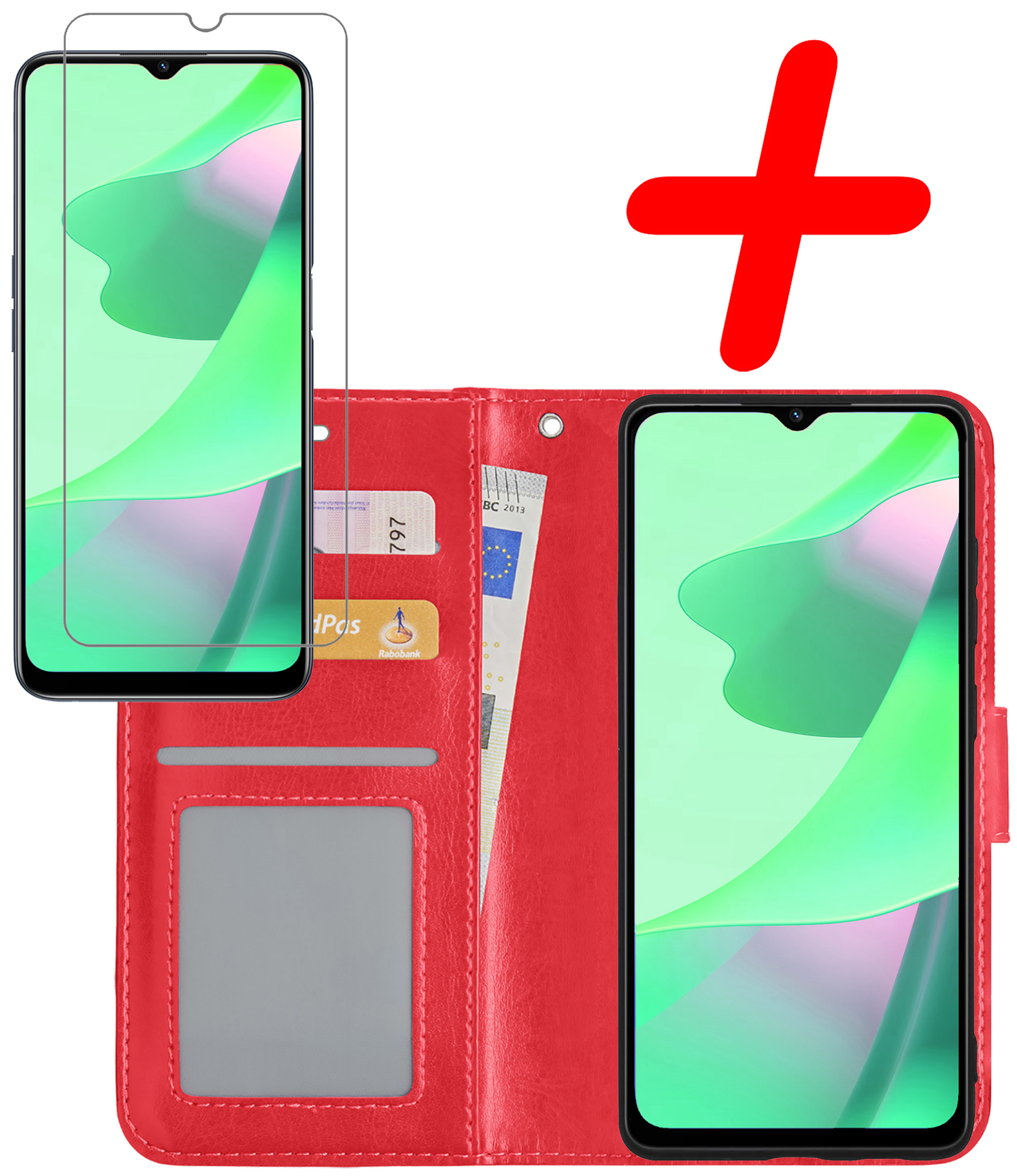 BASEY. Hoes Geschikt voor OPPO A16 Hoesje Bookcase Hoes Flip Case Book Cover Met Screenprotector - Hoesje Geschikt voor OPPO A16 Hoes Book Case Hoesje - Rood