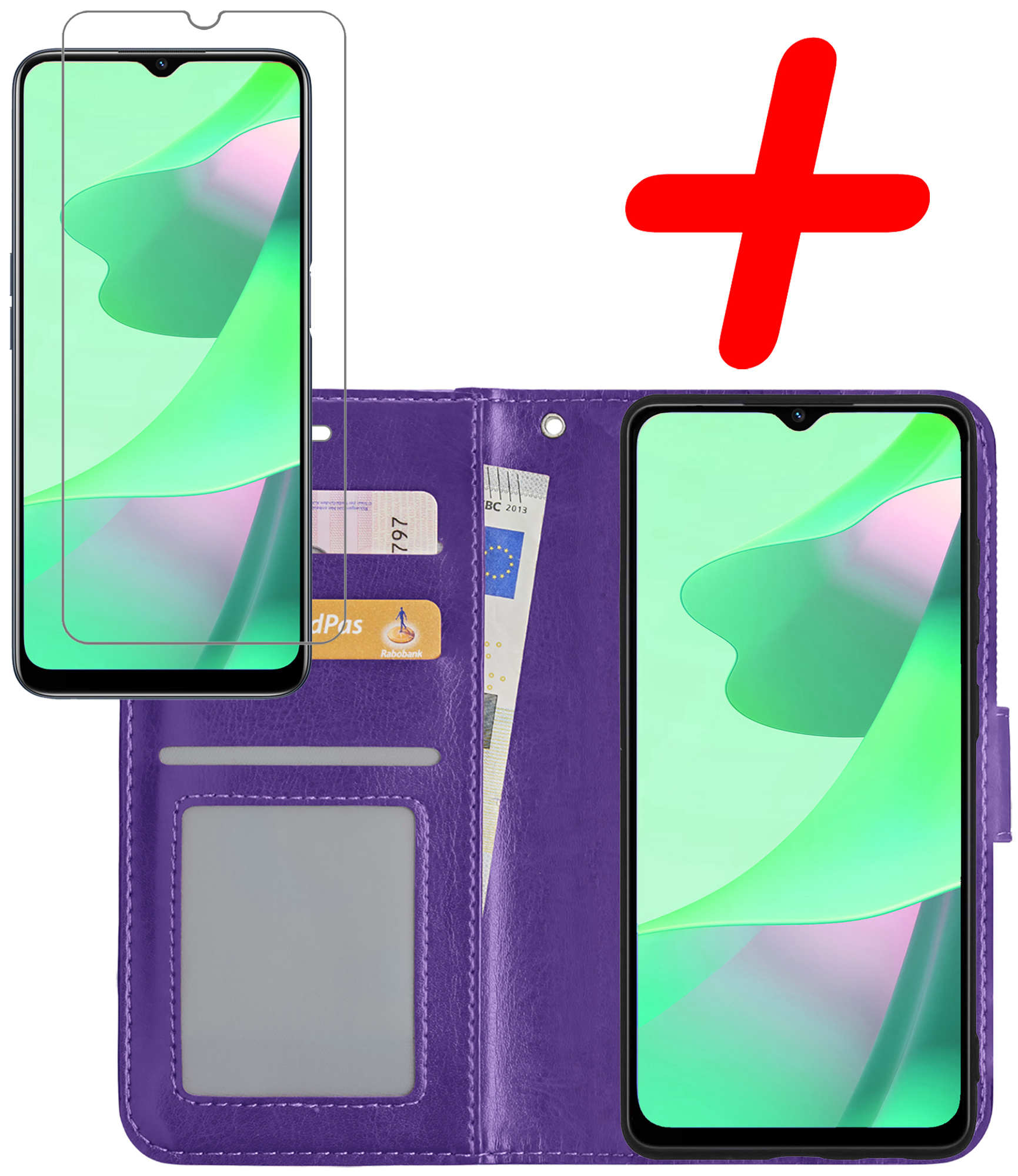 OPPO A16 Hoesje Bookcase Met Screenprotector - OPPO A16 Case Hoes Cover - OPPO A16 Screenprotector - Paars