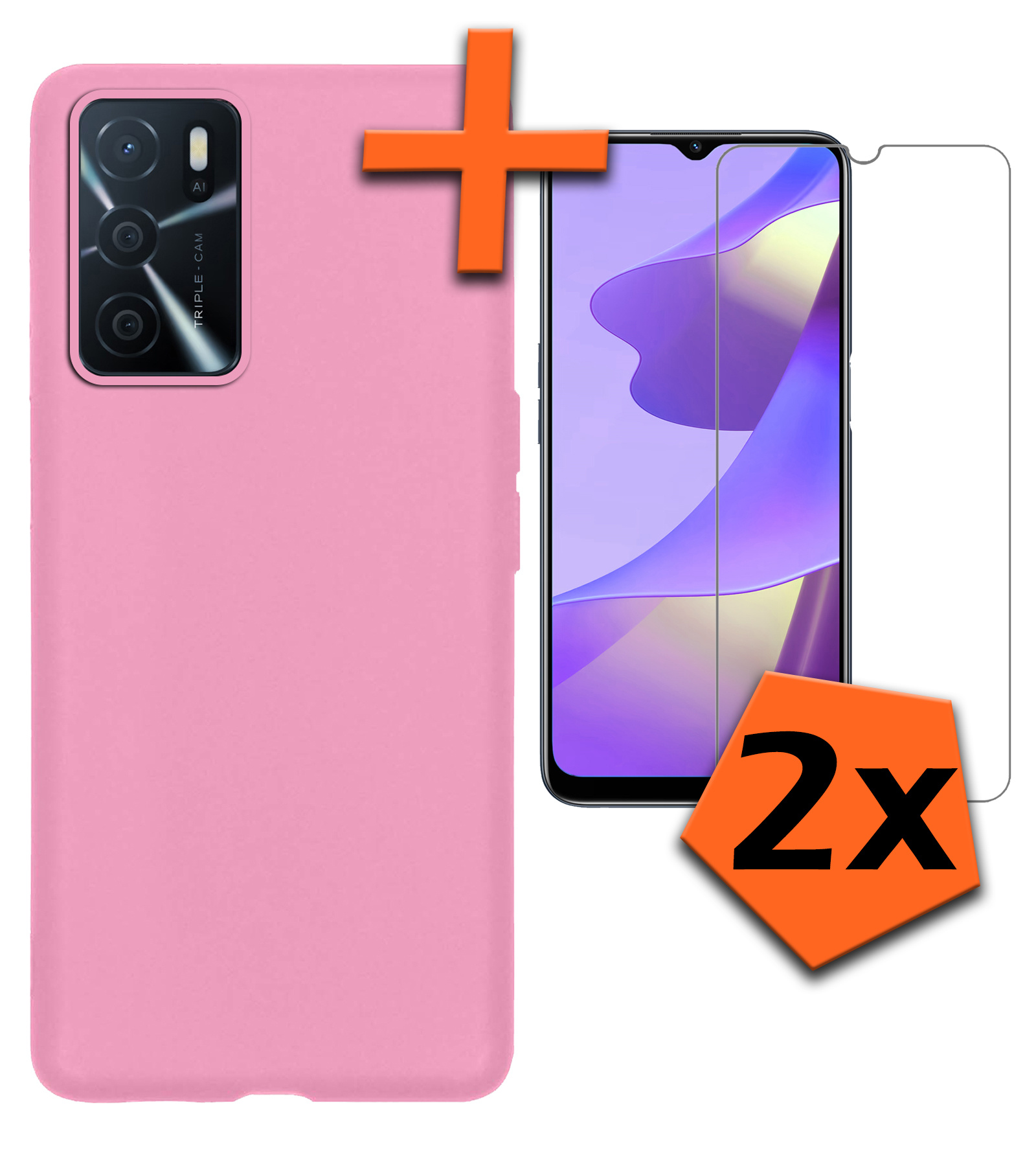 Nomfy Hoesje Geschikt voor OPPO A16 Hoesje Siliconen Cover Case Met 2x Screenprotector - Hoes Geschikt voor OPPO A16 Hoes Back Case - Lichtroze
