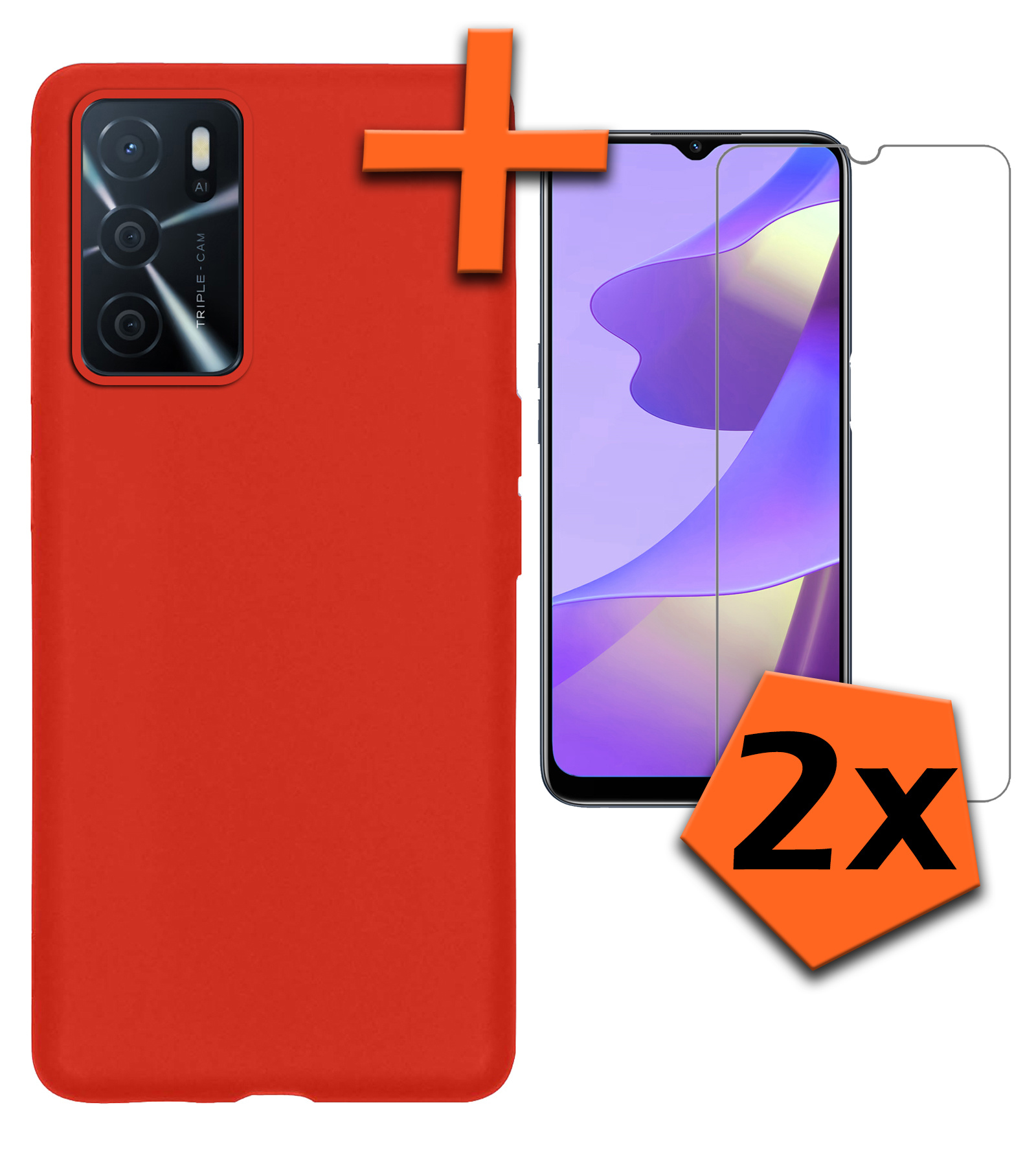 Nomfy Hoesje Geschikt voor OPPO A16 Hoesje Siliconen Cover Case Met 2x Screenprotector - Hoes Geschikt voor OPPO A16 Hoes Back Case - Rood