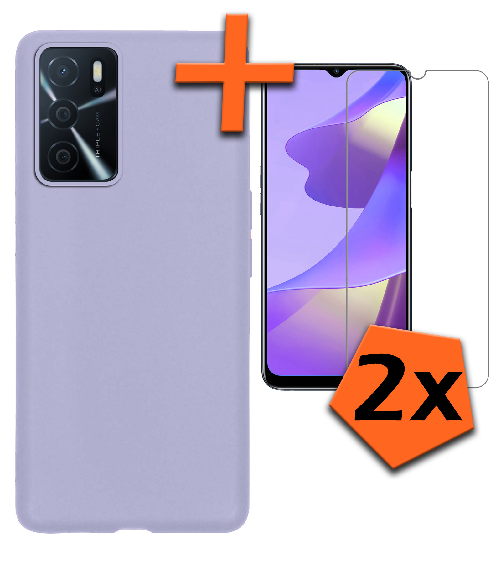 Nomfy Hoesje Geschikt voor OPPO A16 Hoesje Siliconen Cover Case Met 2x Screenprotector - Hoes Geschikt voor OPPO A16 Hoes Back Case - Lila