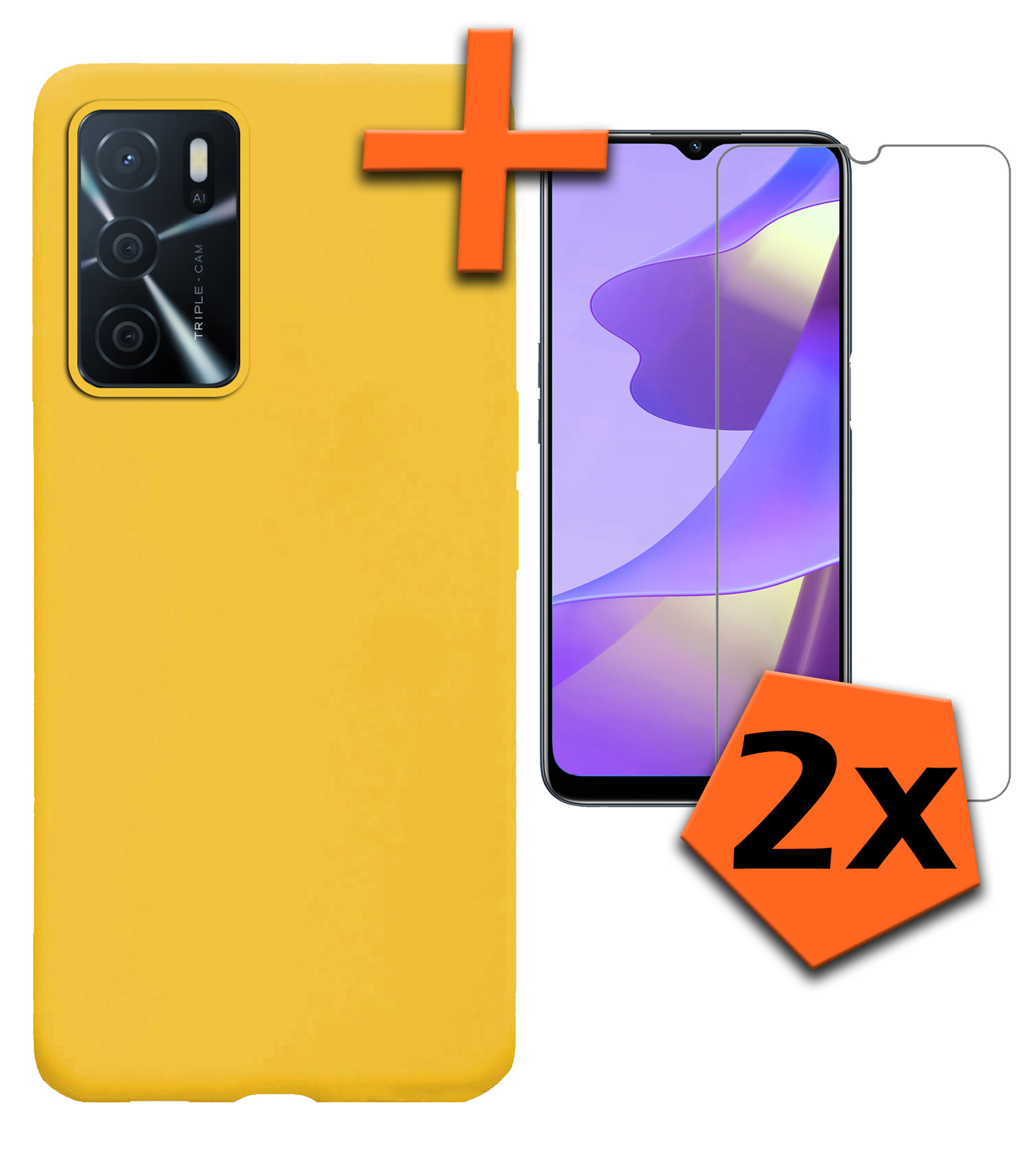 Nomfy Hoesje Geschikt voor OPPO A16 Hoesje Siliconen Cover Case Met 2x Screenprotector - Hoes Geschikt voor OPPO A16 Hoes Back Case - Geel