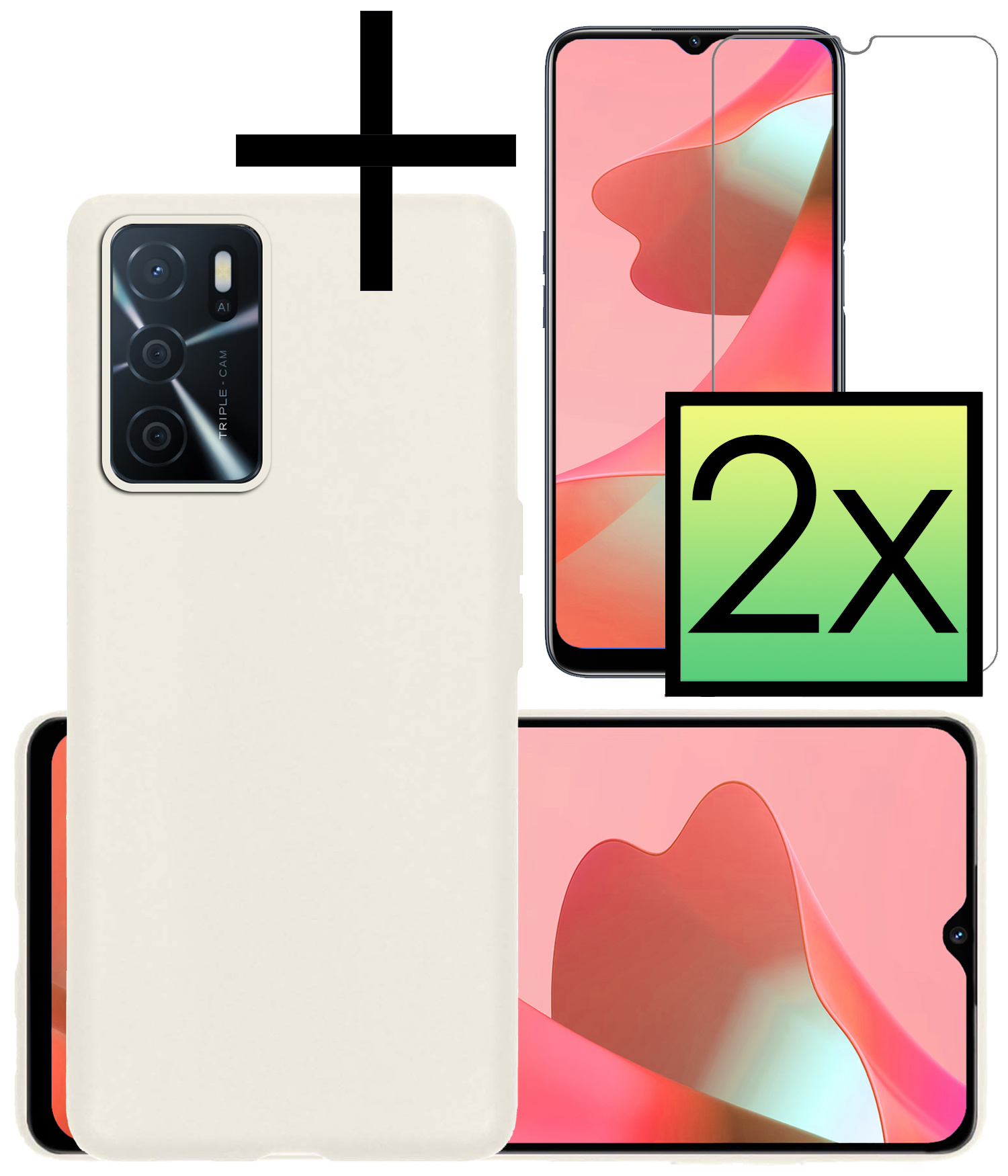 OPPO A16 Hoesje Back Cover Siliconen Case Hoes Met 2x Screenprotector - Wit