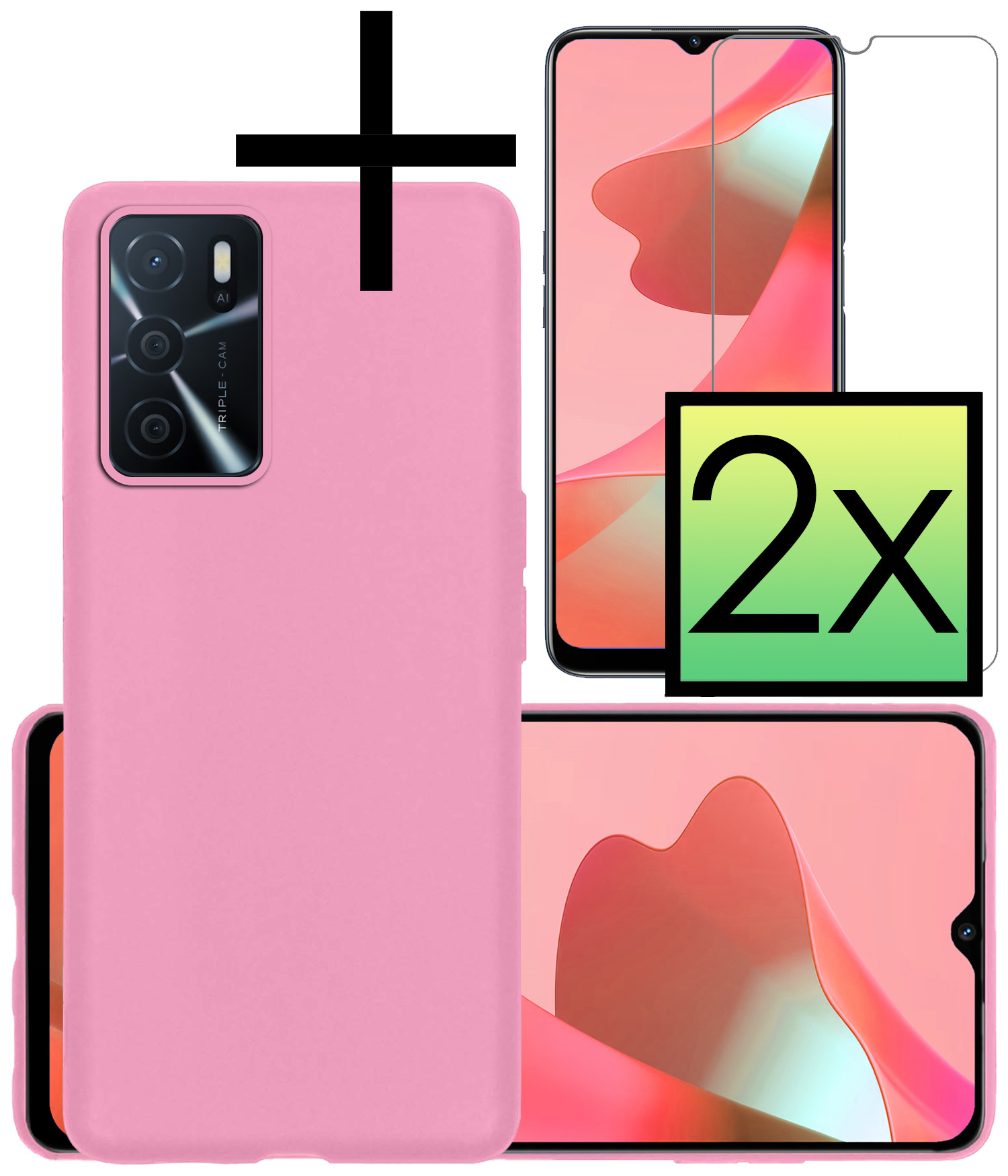 OPPO A16 Hoesje Back Cover Siliconen Case Hoes Met 2x Screenprotector - Lichtroze