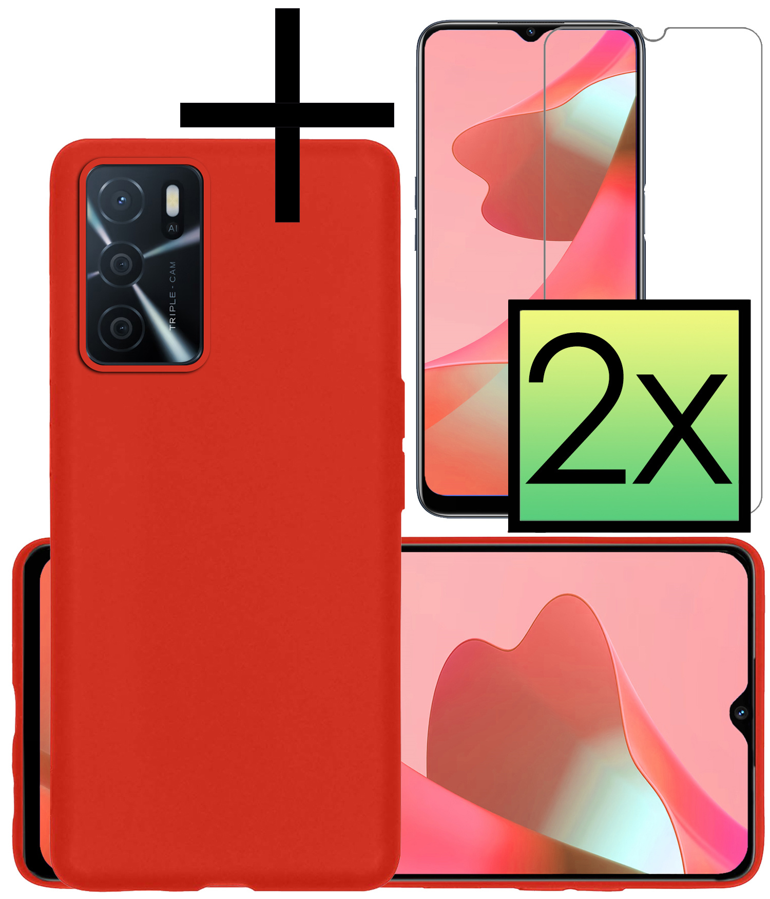 NoXx Hoes Geschikt voor OPPO A16 Hoesje Cover Siliconen Back Case Hoes Met 2x Screenprotector - Rood