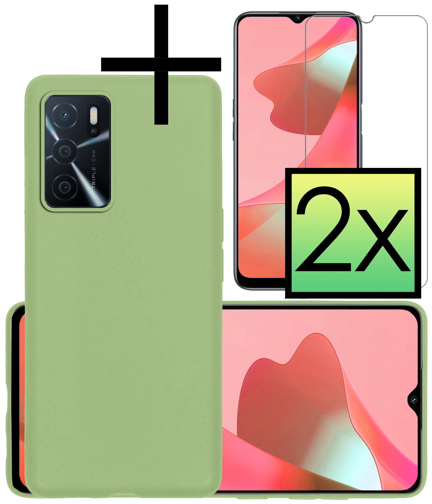 NoXx Hoes Geschikt voor OPPO A16 Hoesje Cover Siliconen Back Case Hoes Met 2x Screenprotector - Groen