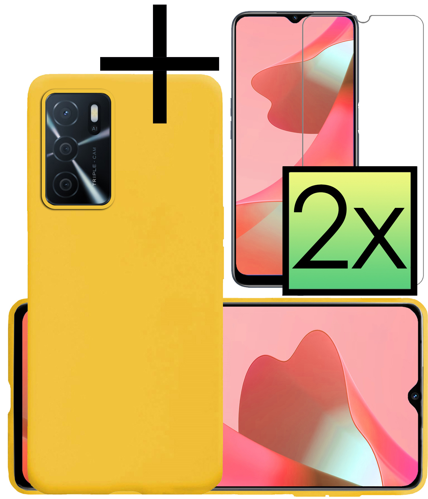NoXx Hoes Geschikt voor OPPO A16 Hoesje Cover Siliconen Back Case Hoes Met 2x Screenprotector - Geel