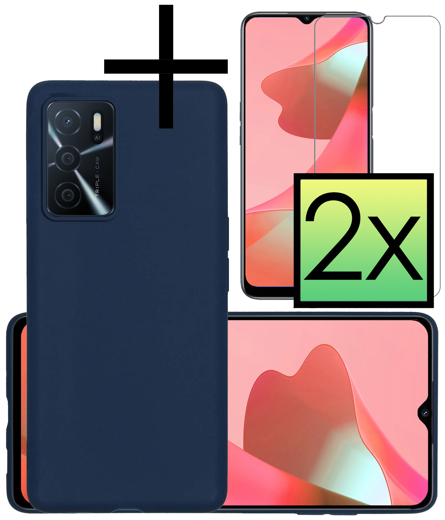 NoXx Hoes Geschikt voor OPPO A16 Hoesje Cover Siliconen Back Case Hoes Met 2x Screenprotector - Donkerblauw