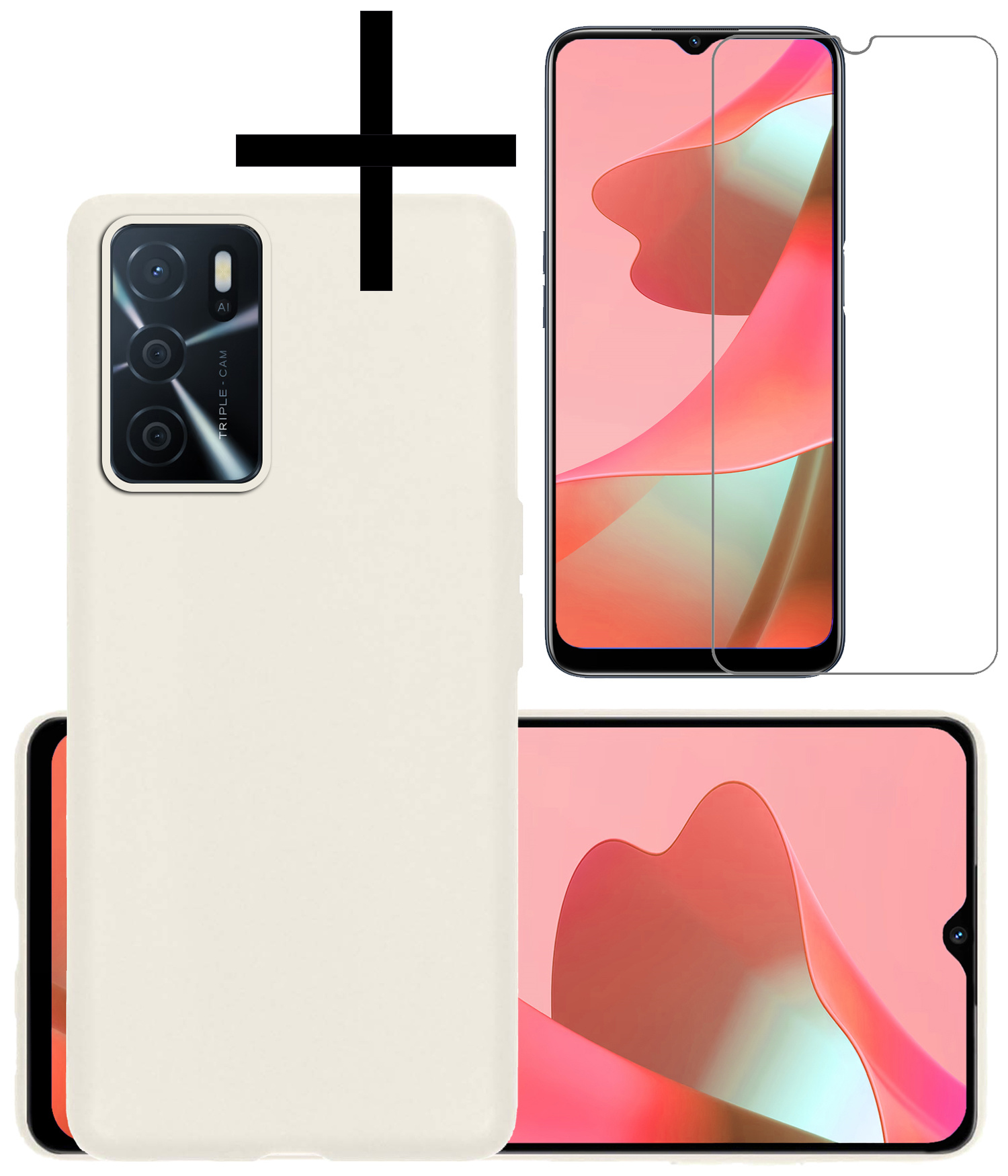 OPPO A16 Hoesje Back Cover Siliconen Case Hoes Met Screenprotector - Wit