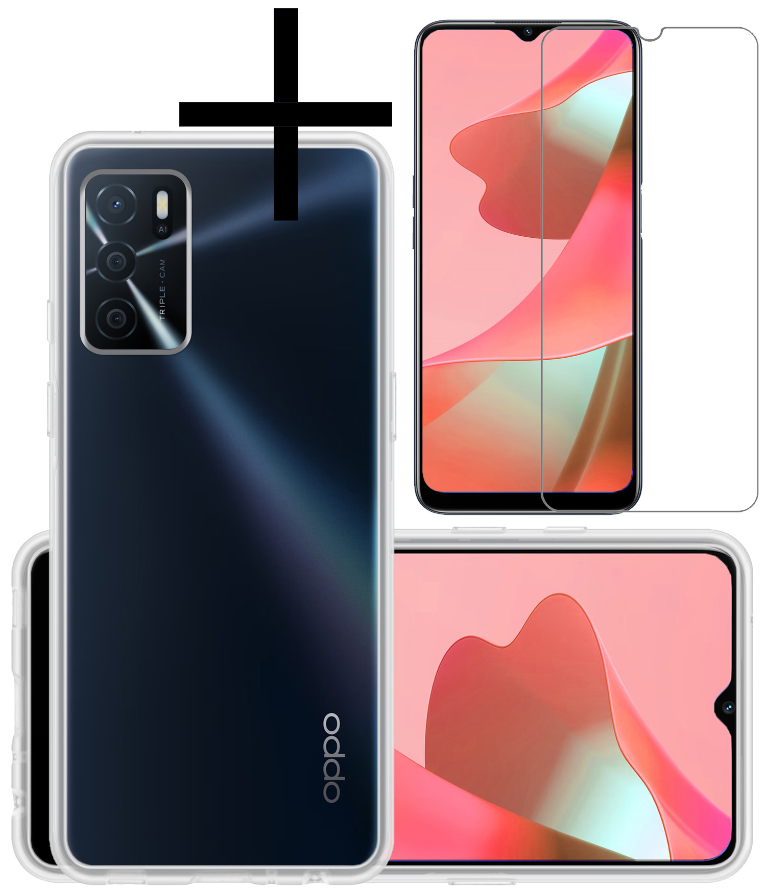 NoXx Hoes Geschikt voor OPPO A16 Hoesje Cover Siliconen Back Case Hoes Met Screenprotector - Transparant