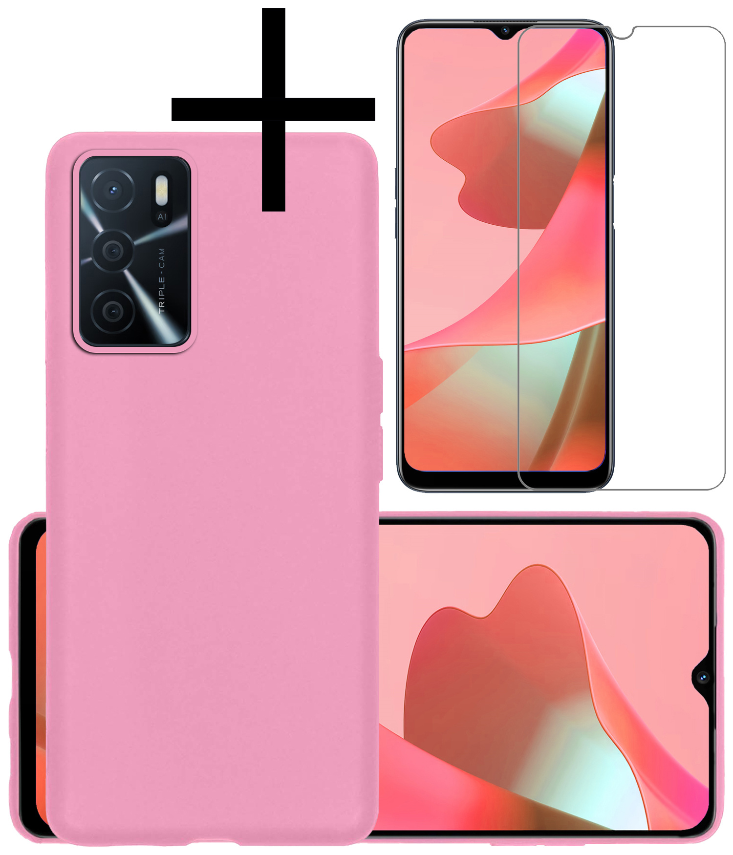 NoXx Hoes Geschikt voor OPPO A16 Hoesje Cover Siliconen Back Case Hoes Met Screenprotector - Lichtroze