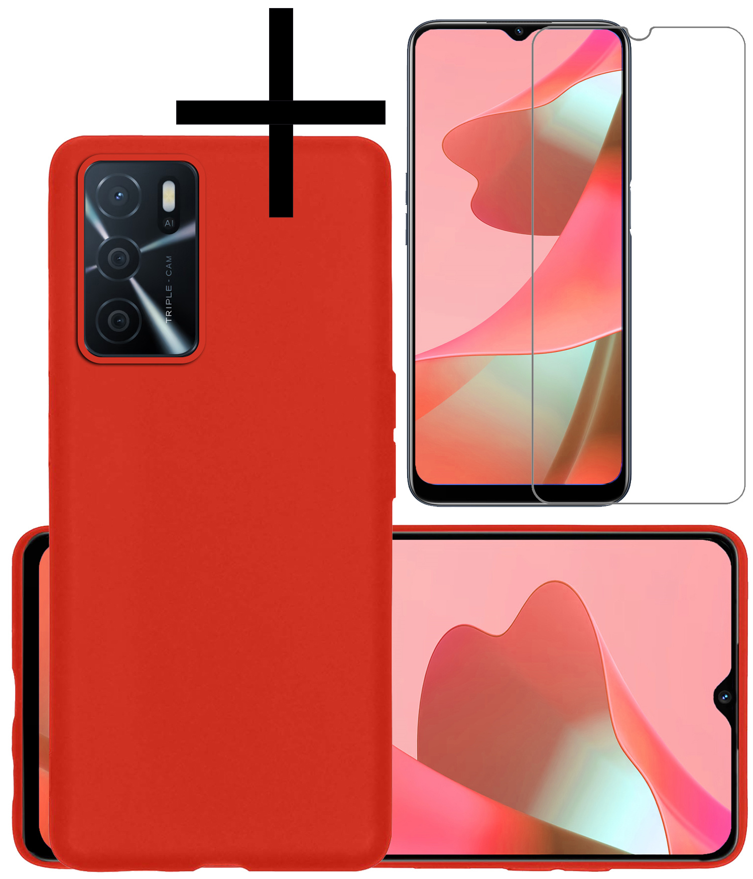 NoXx Hoes Geschikt voor OPPO A16 Hoesje Cover Siliconen Back Case Hoes Met Screenprotector - Rood