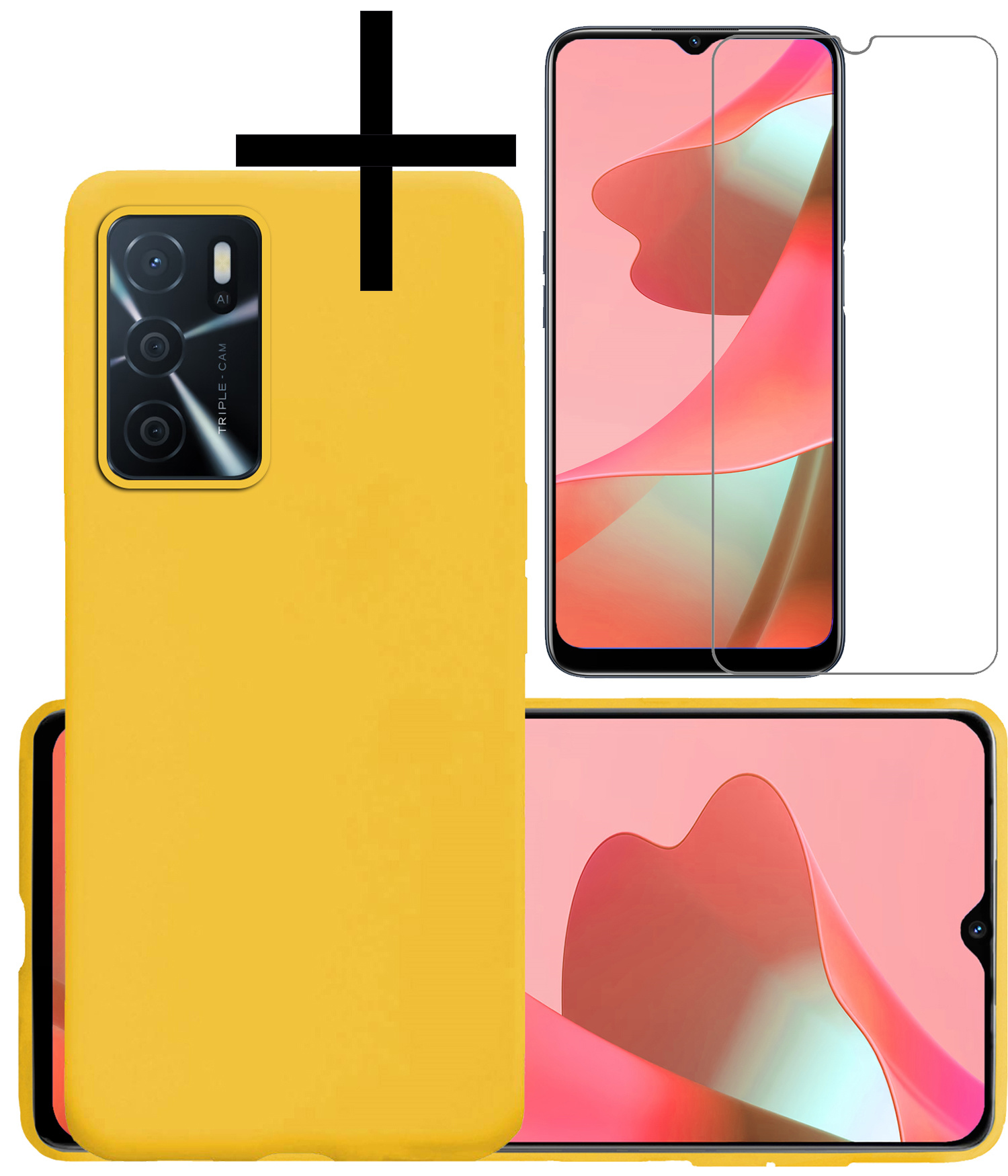 NoXx Hoes Geschikt voor OPPO A16 Hoesje Cover Siliconen Back Case Hoes Met Screenprotector - Geel