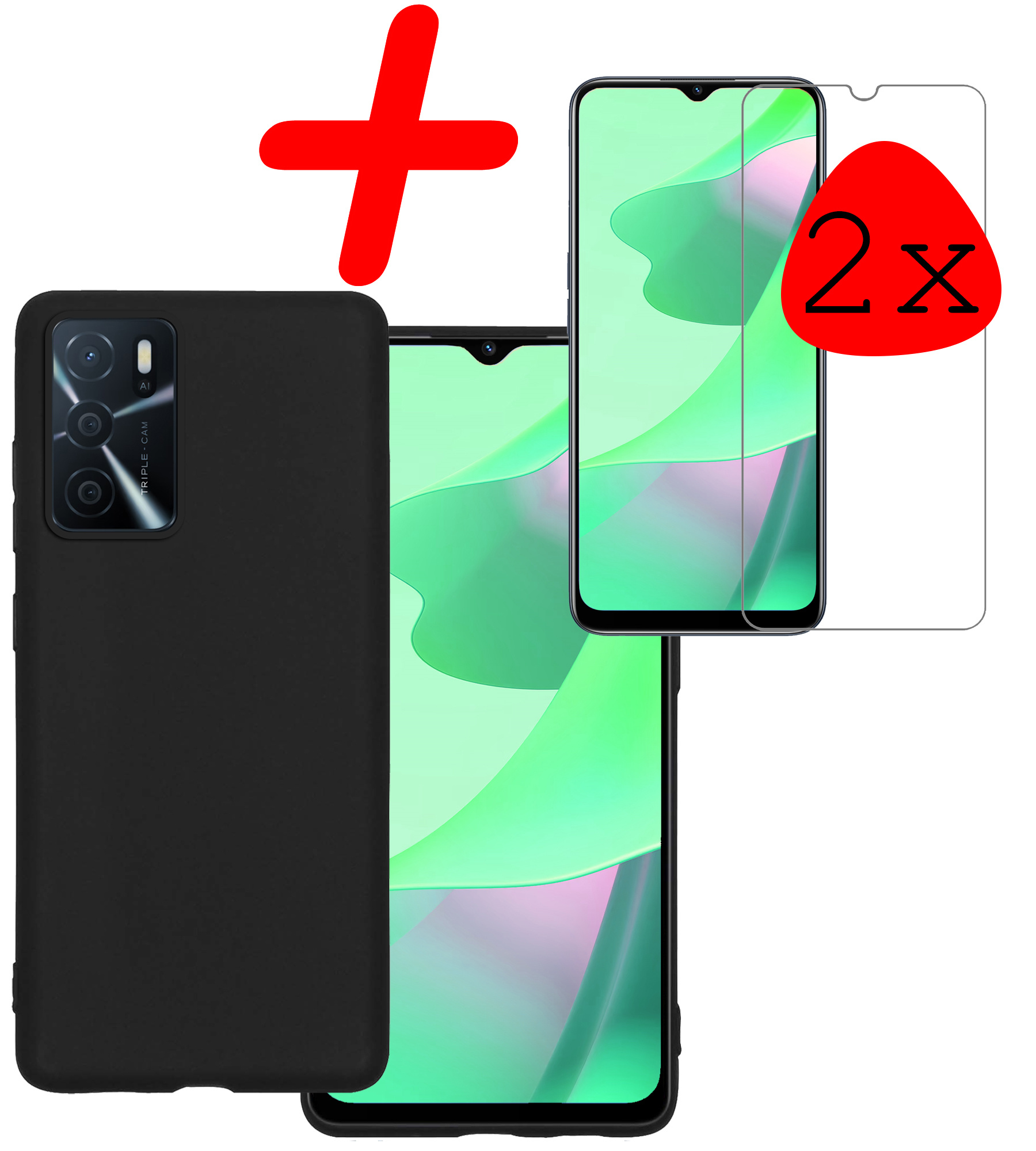BASEY. Hoes Geschikt voor OPPO A16 Hoesje Siliconen Back Cover Case Met 2x Screenprotector - Hoesje Geschikt voor OPPO A16 Hoes Cover Hoesje - Zwart
