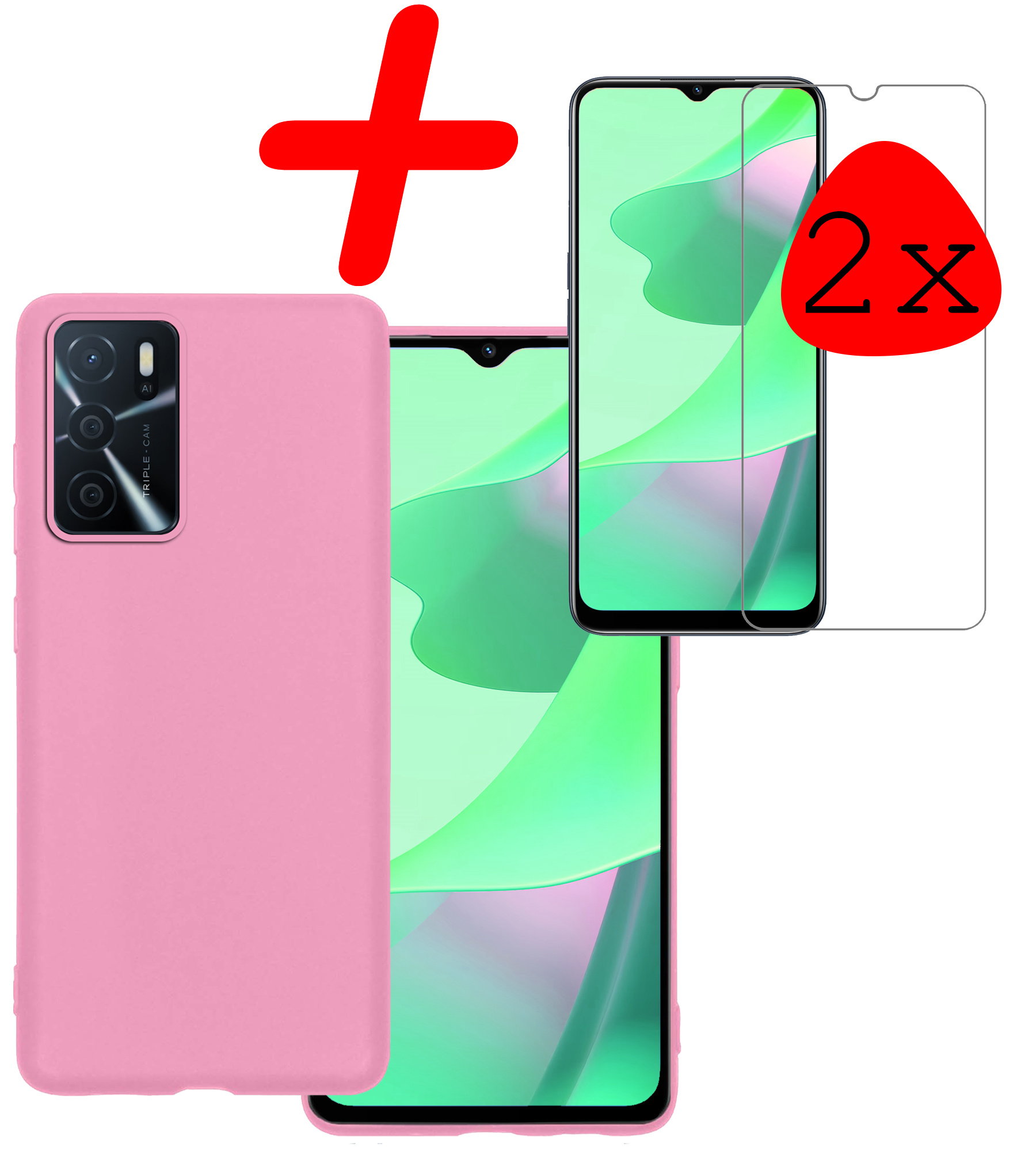 BASEY. Hoes Geschikt voor OPPO A16 Hoesje Siliconen Back Cover Case Met 2x Screenprotector - Hoesje Geschikt voor OPPO A16 Hoes Cover Hoesje - Lichtroze