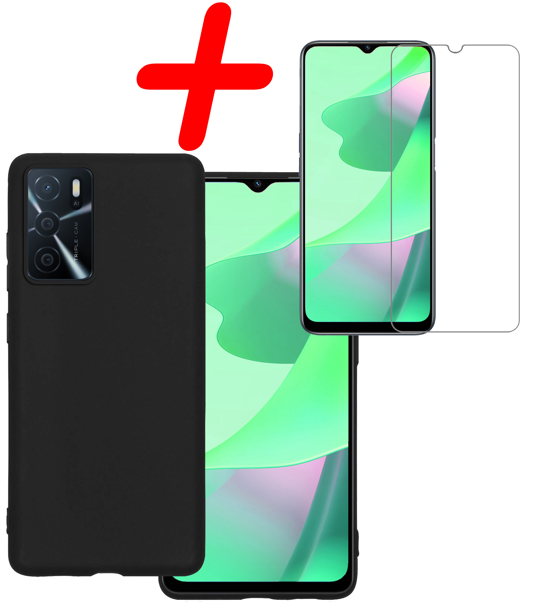 BASEY. Hoes Geschikt voor OPPO A16 Hoesje Siliconen Back Cover Case Met Screenprotector - Hoesje Geschikt voor OPPO A16 Hoes Cover Hoesje - Zwart