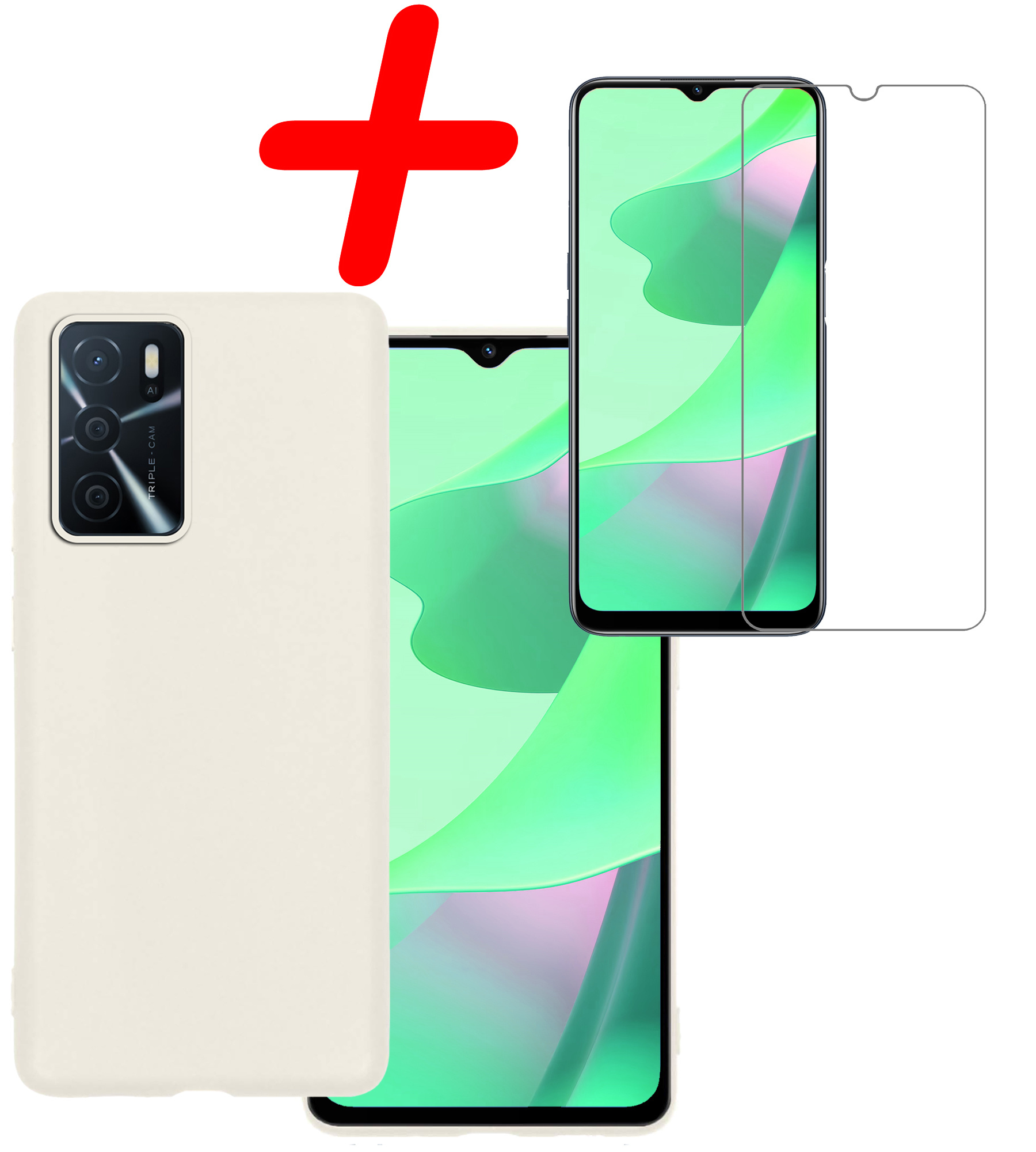 BASEY. Hoes Geschikt voor OPPO A16 Hoesje Siliconen Back Cover Case Met Screenprotector - Hoesje Geschikt voor OPPO A16 Hoes Cover Hoesje - Wit