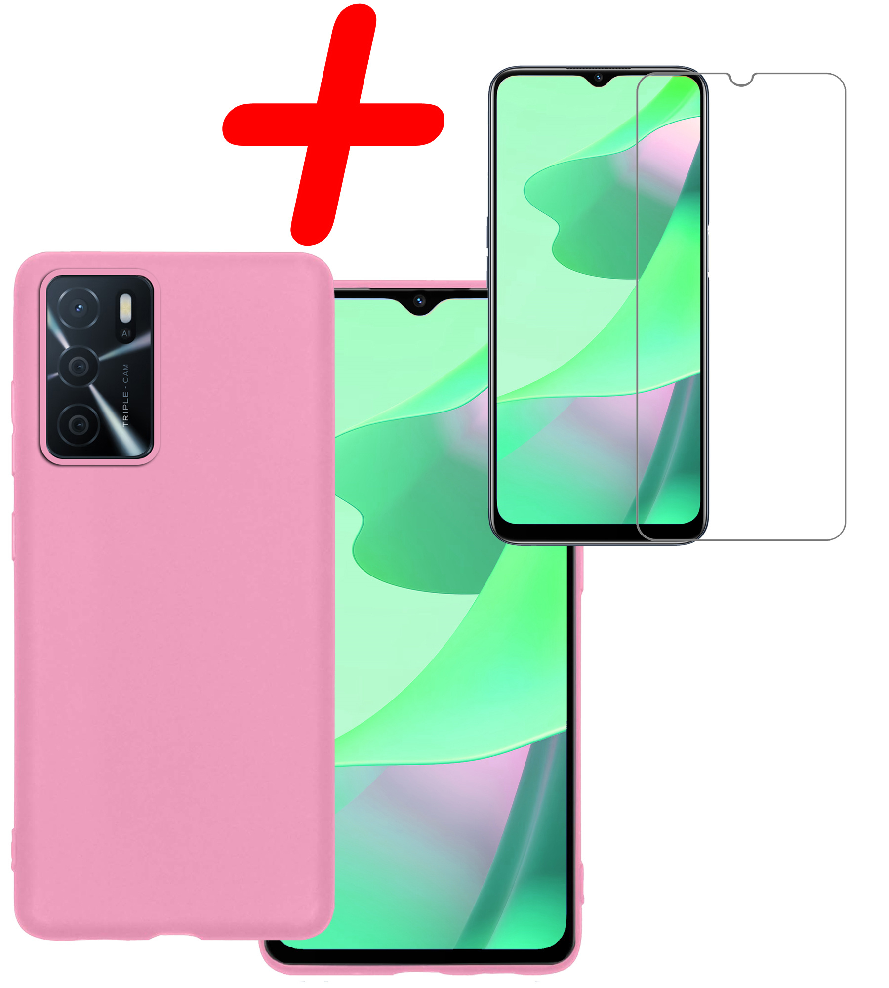 BASEY. Hoes Geschikt voor OPPO A16 Hoesje Siliconen Back Cover Case Met Screenprotector - Hoesje Geschikt voor OPPO A16 Hoes Cover Hoesje - Lichtroze