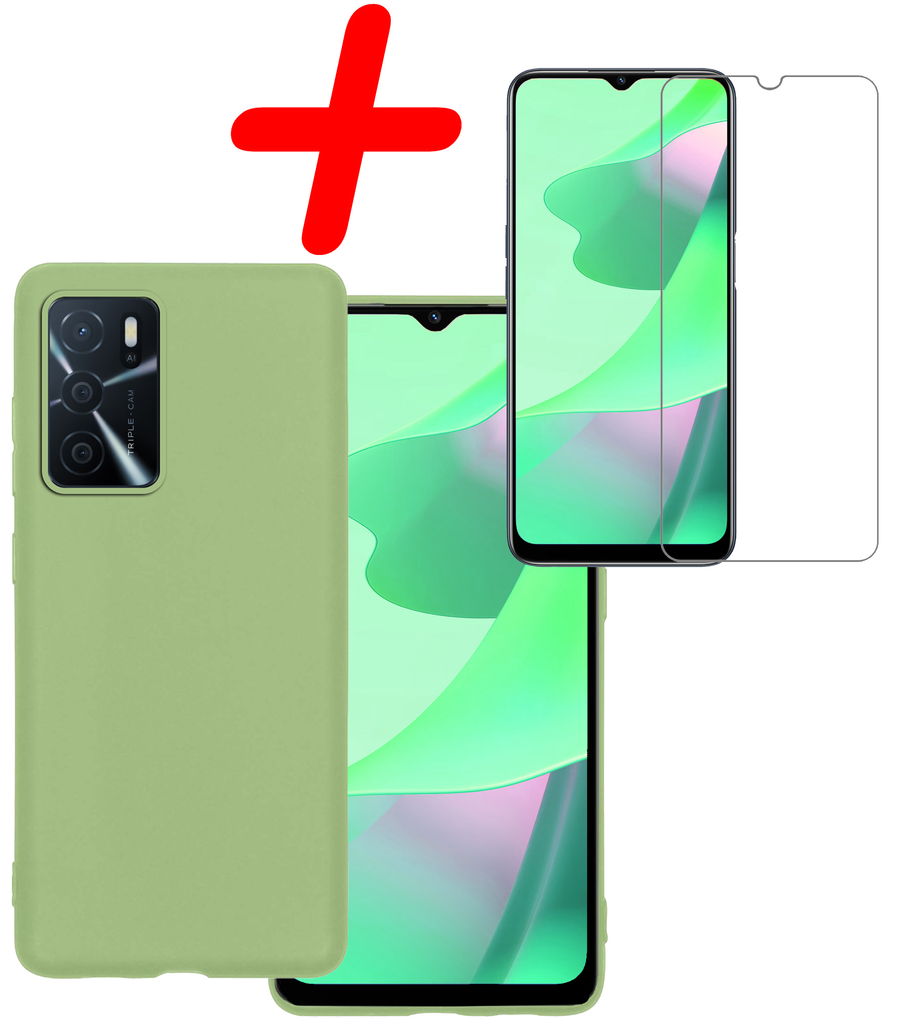 BASEY. Hoes Geschikt voor OPPO A16 Hoesje Siliconen Back Cover Case Met Screenprotector - Hoesje Geschikt voor OPPO A16 Hoes Cover Hoesje - Groen