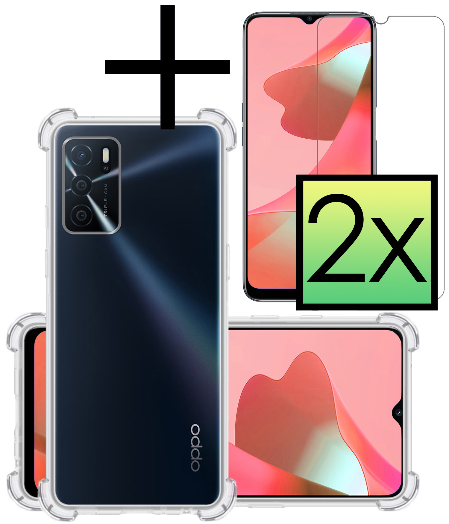 NoXx Hoes Geschikt voor OPPO A16 Hoesje Siliconen Cover Shock Proof Back Case Shockproof Hoes Met 2x Screenprotector - Transparant