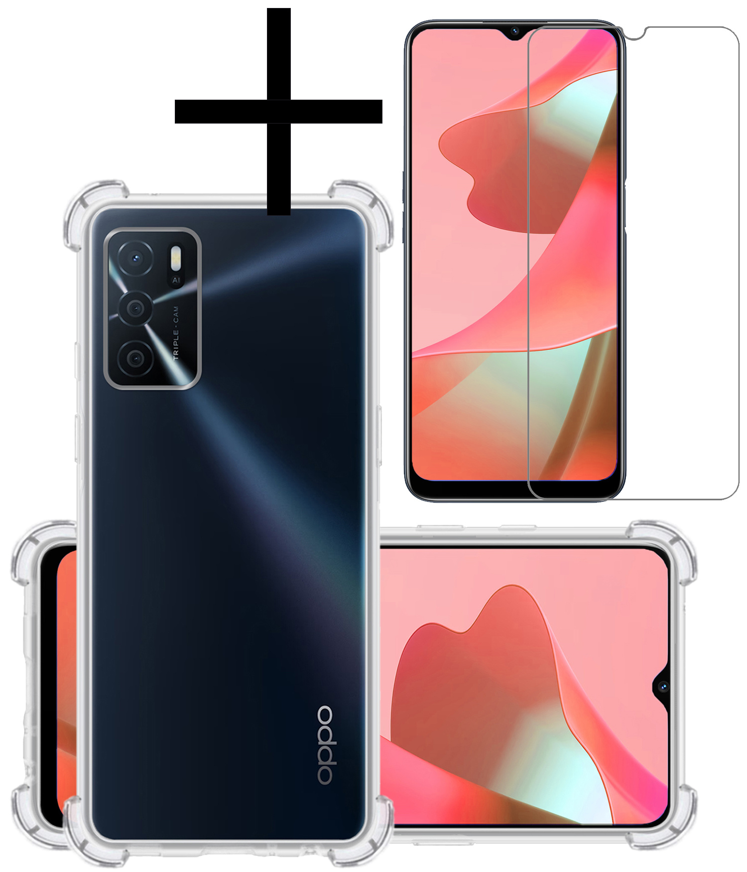 NoXx Hoes Geschikt voor OPPO A16 Hoesje Siliconen Cover Shock Proof Back Case Shockproof Hoes Met Screenprotector - Transparant
