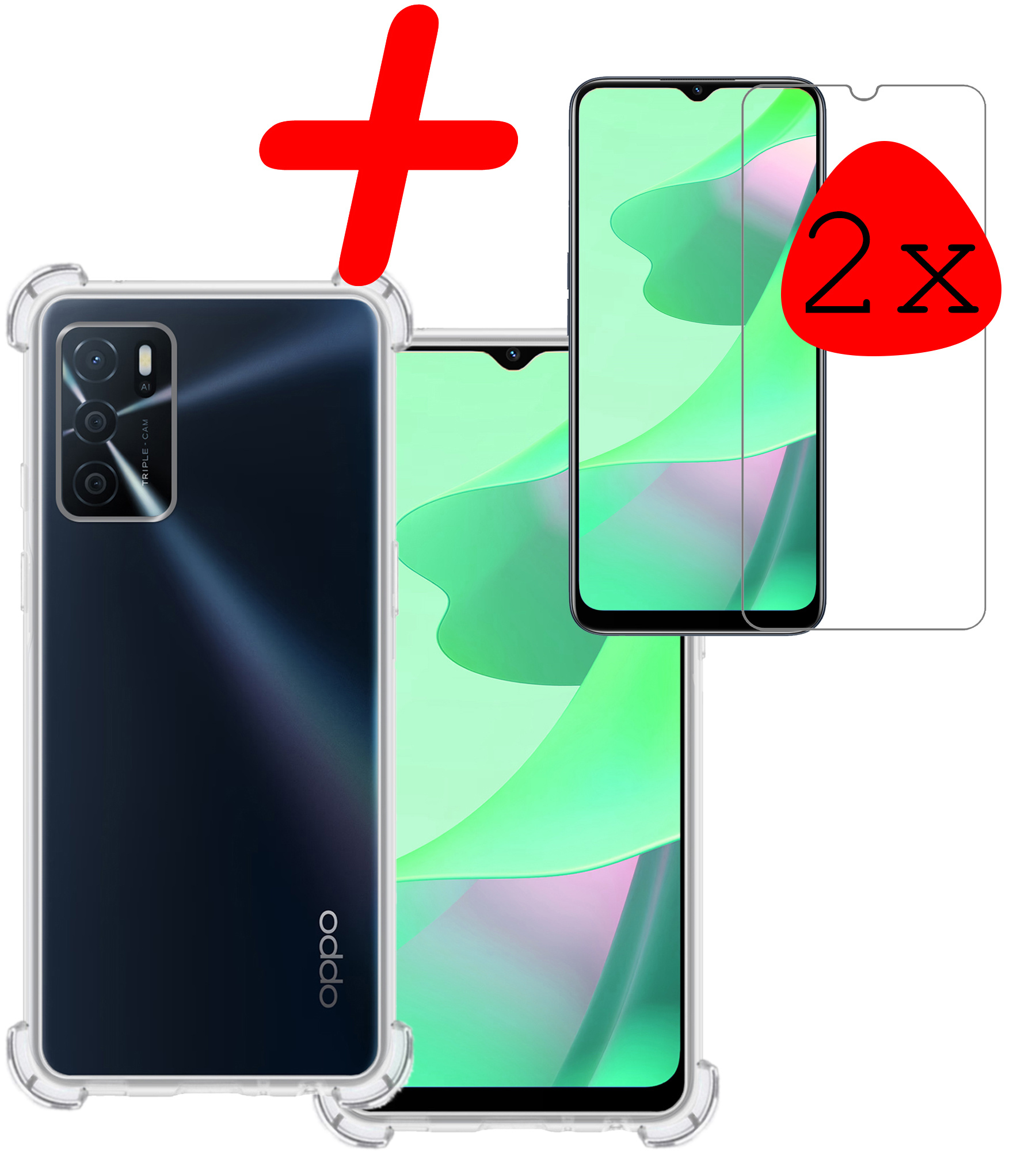 BASEY. Hoes Geschikt voor OPPO A16 Hoesje Shock Proof Case Hoes Siliconen Met 2x Screenprotector - Hoesje Geschikt voor OPPO A16 Hoes Cover Shockproof - Transparant