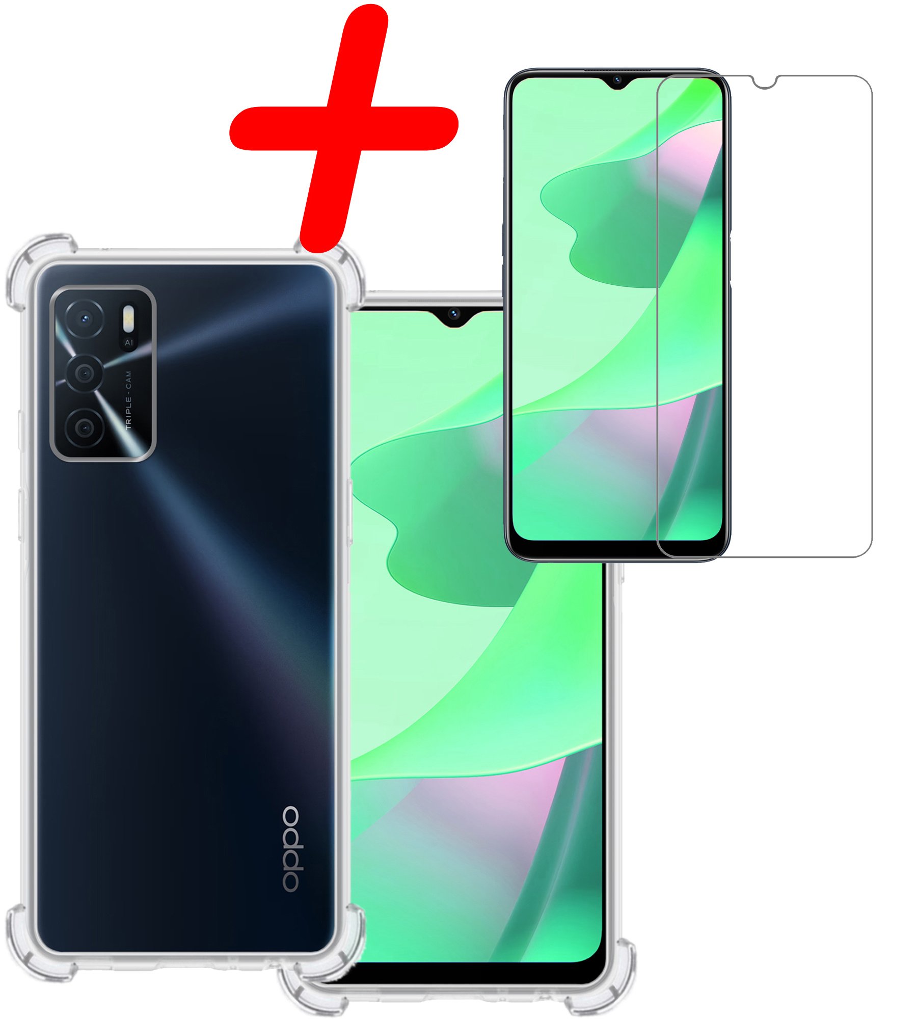 BASEY. Hoes Geschikt voor OPPO A16 Hoesje Shock Proof Case Hoes Siliconen Met Screenprotector - Hoesje Geschikt voor OPPO A16 Hoes Cover Shockproof - Transparant