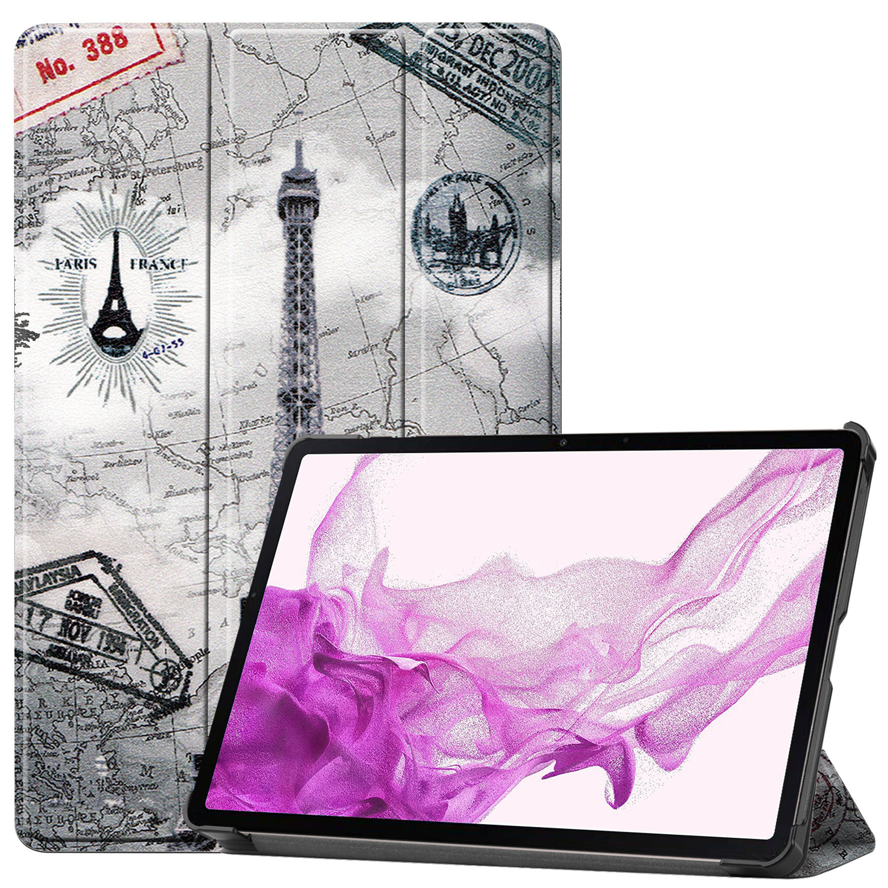 Nomfy Hoes Geschikt voor Samsung Galaxy Tab S8 Hoes Tri-fold Tablet Hoesje Case - Hoesje Geschikt voor Samsung Tab S8 Hoesje Hardcover Bookcase - Eiffeltoren