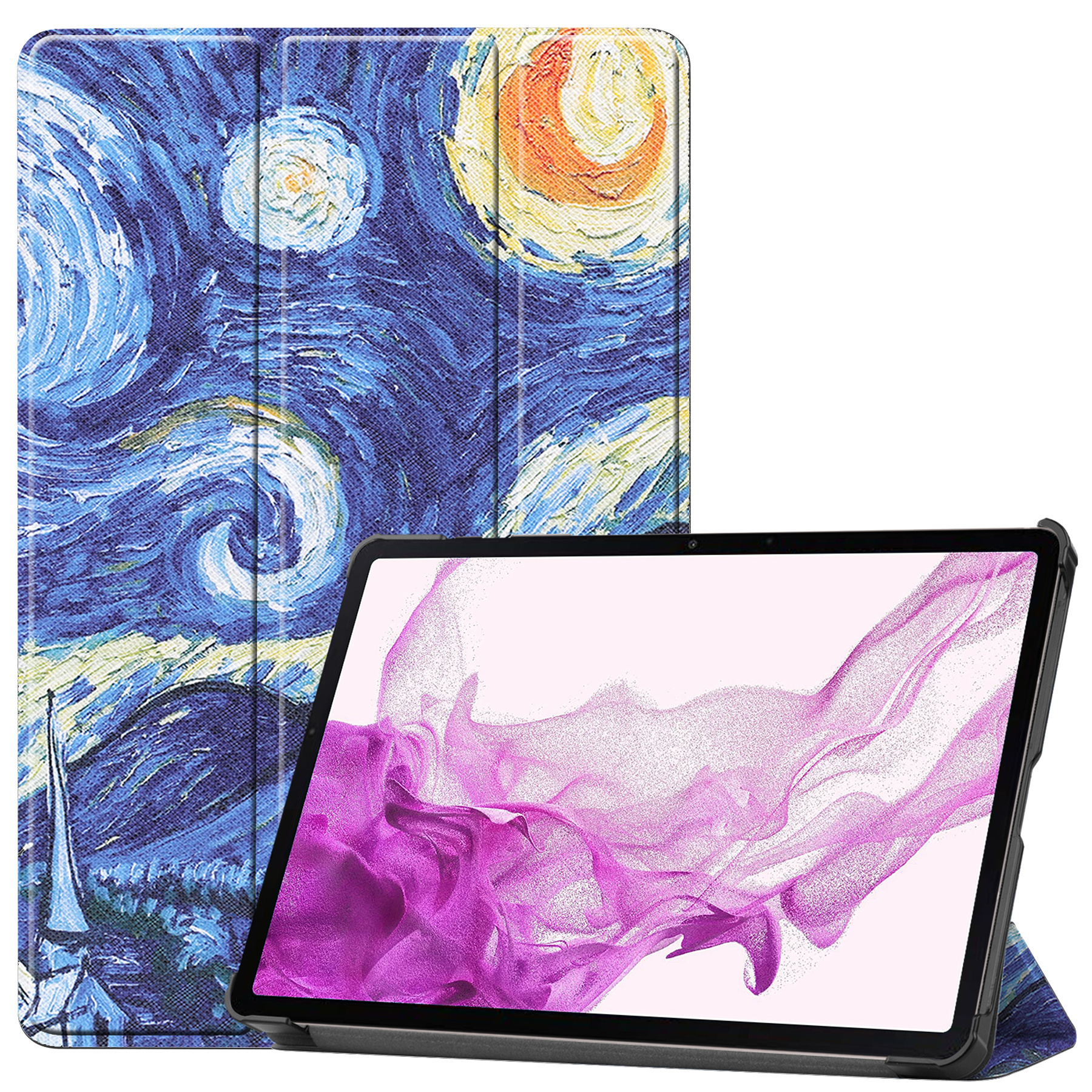 Nomfy Hoes Geschikt voor Samsung Galaxy Tab S8 Hoes Tri-fold Tablet Hoesje Case Met Screenprotector - Hoesje Geschikt voor Samsung Tab S8 Hoesje Hardcover Bookcase - Sterrenhemel