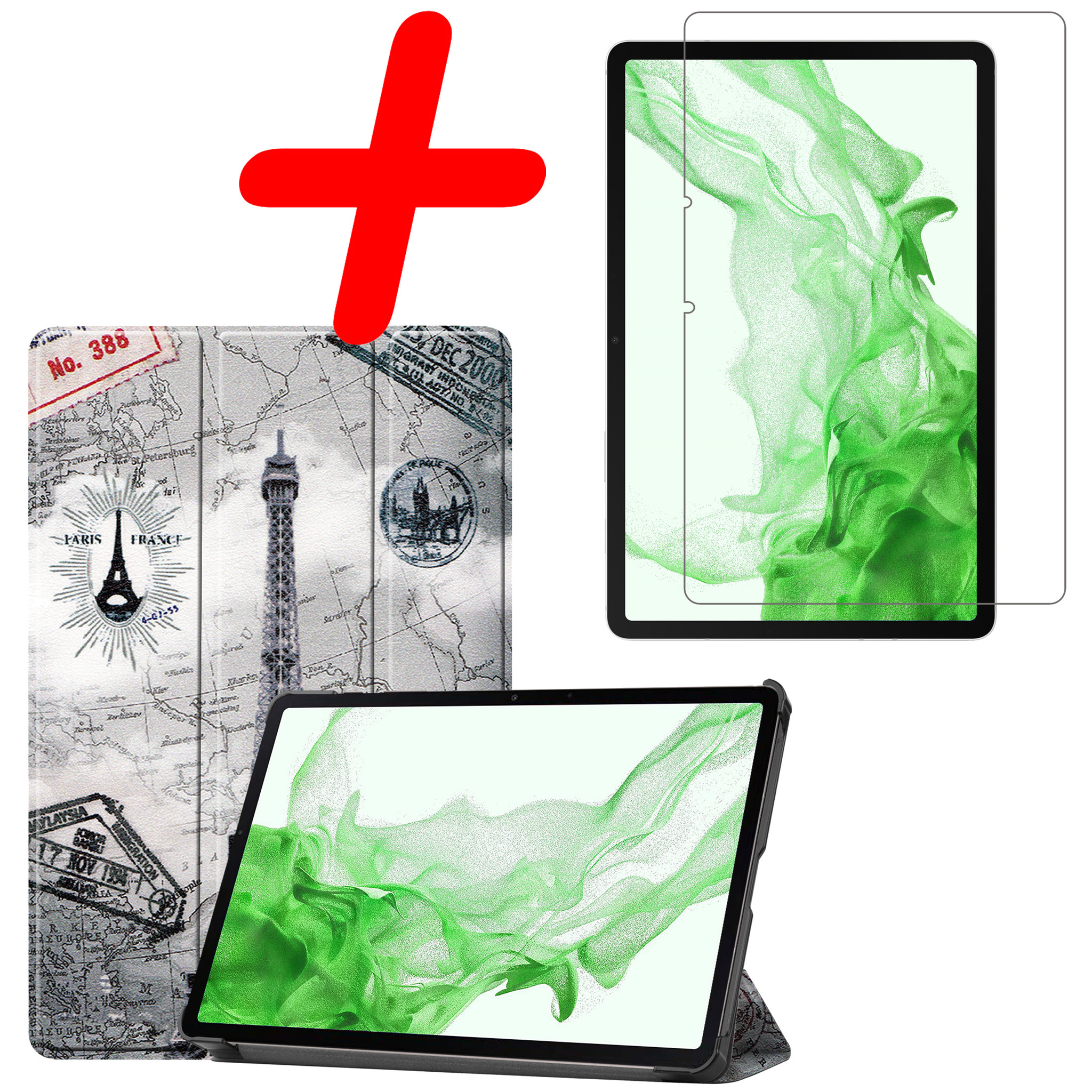 BASEY. Hoesje Geschikt voor Samsung Galaxy Tab S8 Hoes Case Tablet Hoesje Tri-fold Met Screenprotector - Hoes Geschikt voor Samsung Tab S8 Hoesje Hard Cover Bookcase Hoes - Eiffeltoren