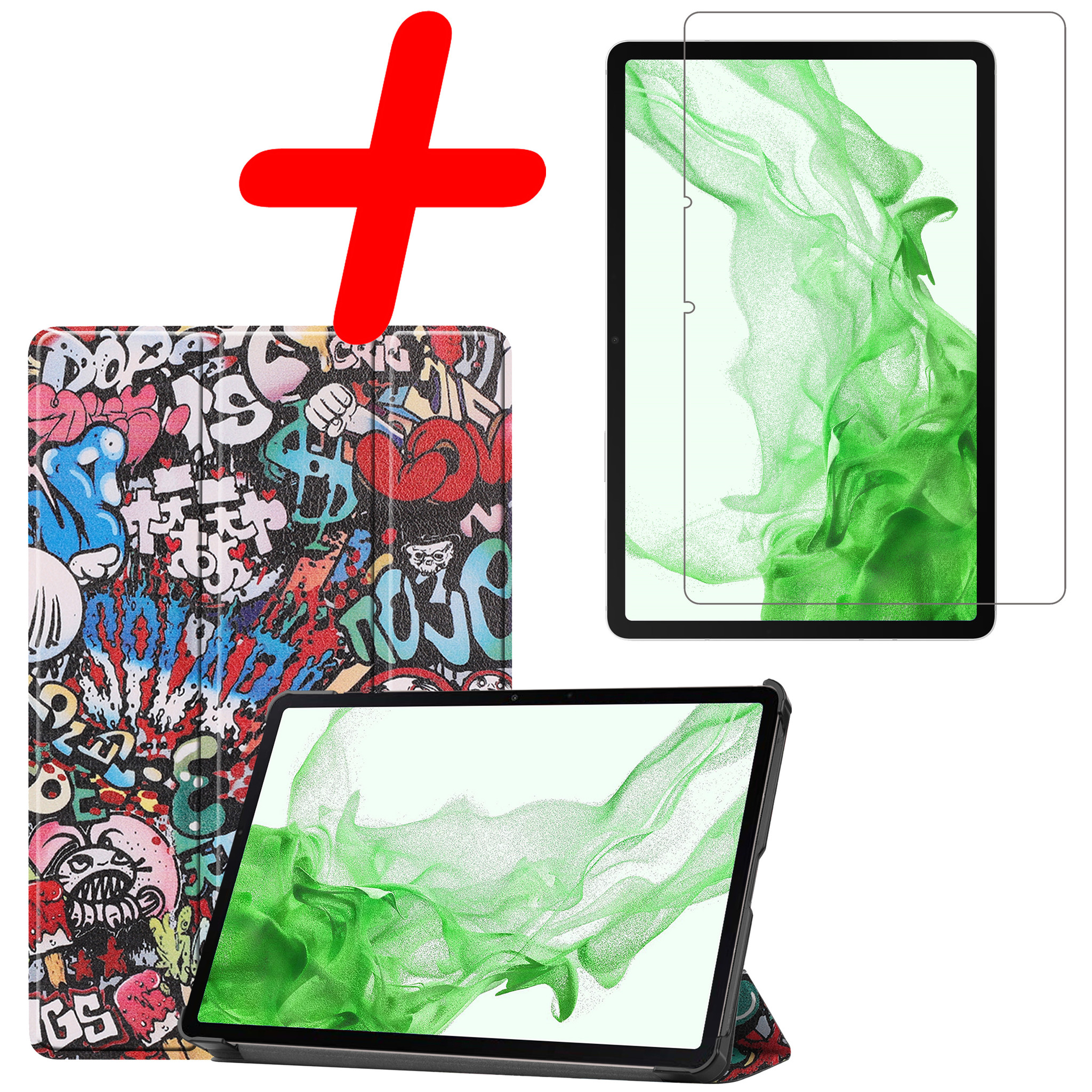BASEY. Hoesje Geschikt voor Samsung Galaxy Tab S8 Hoes Case Tablet Hoesje Tri-fold Met Screenprotector - Hoes Geschikt voor Samsung Tab S8 Hoesje Hard Cover Bookcase Hoes - Graffity