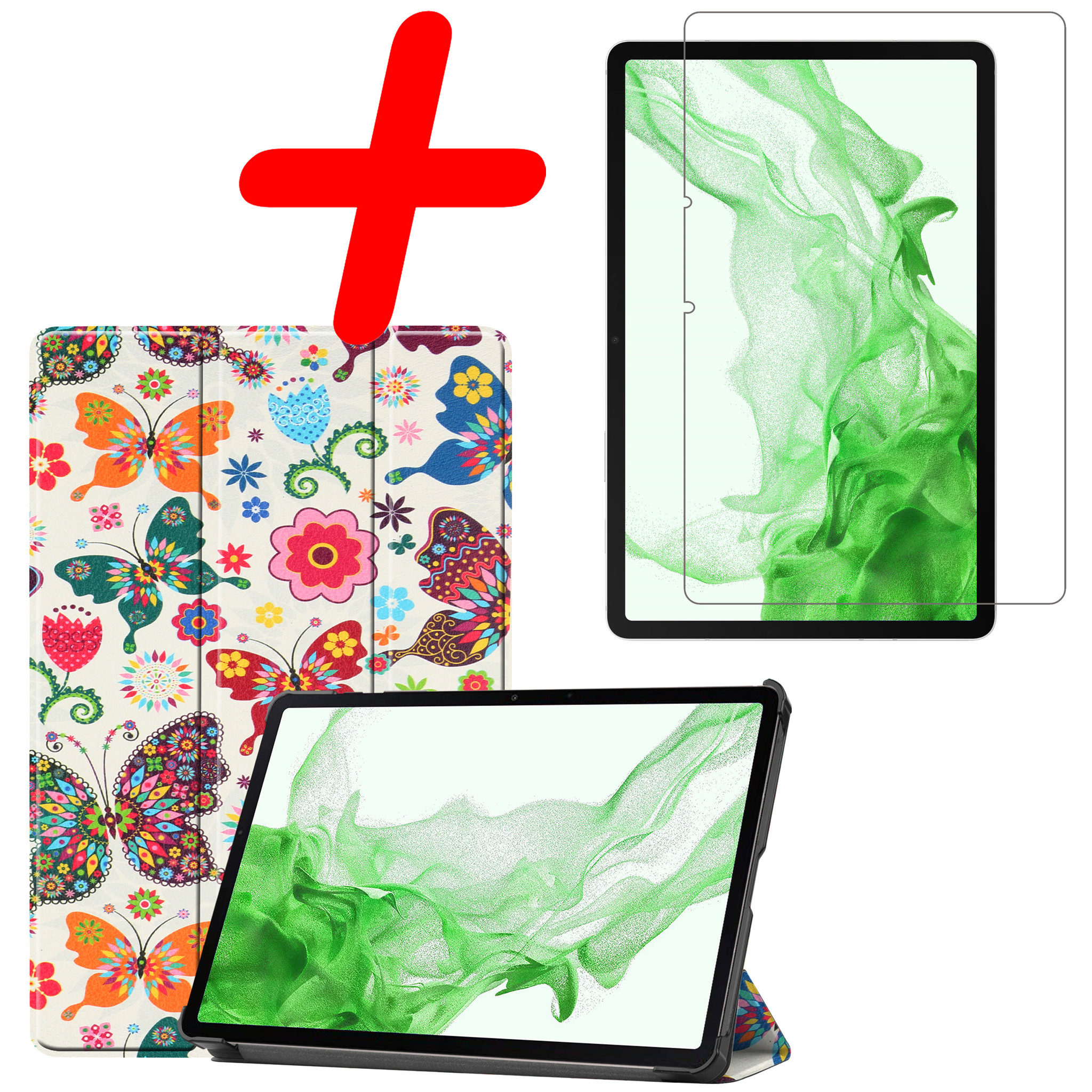 BASEY. Hoesje Geschikt voor Samsung Galaxy Tab S8 Hoes Case Tablet Hoesje Tri-fold Met Screenprotector - Hoes Geschikt voor Samsung Tab S8 Hoesje Hard Cover Bookcase Hoes - Vlinders