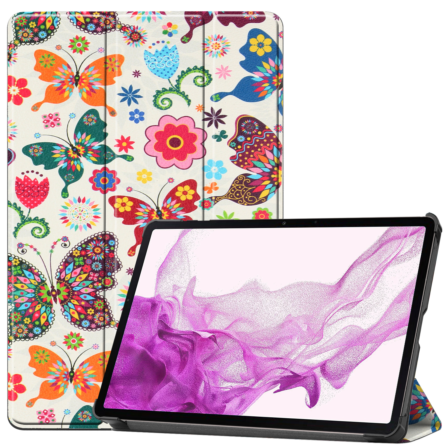 Nomfy Hoes Geschikt voor Samsung Galaxy Tab S8 Plus Hoes Tri-fold Tablet Hoesje Case Met Screenprotector - Hoesje Geschikt voor Samsung Tab S8 Plus Hoesje Hardcover Bookcase - Vlinders