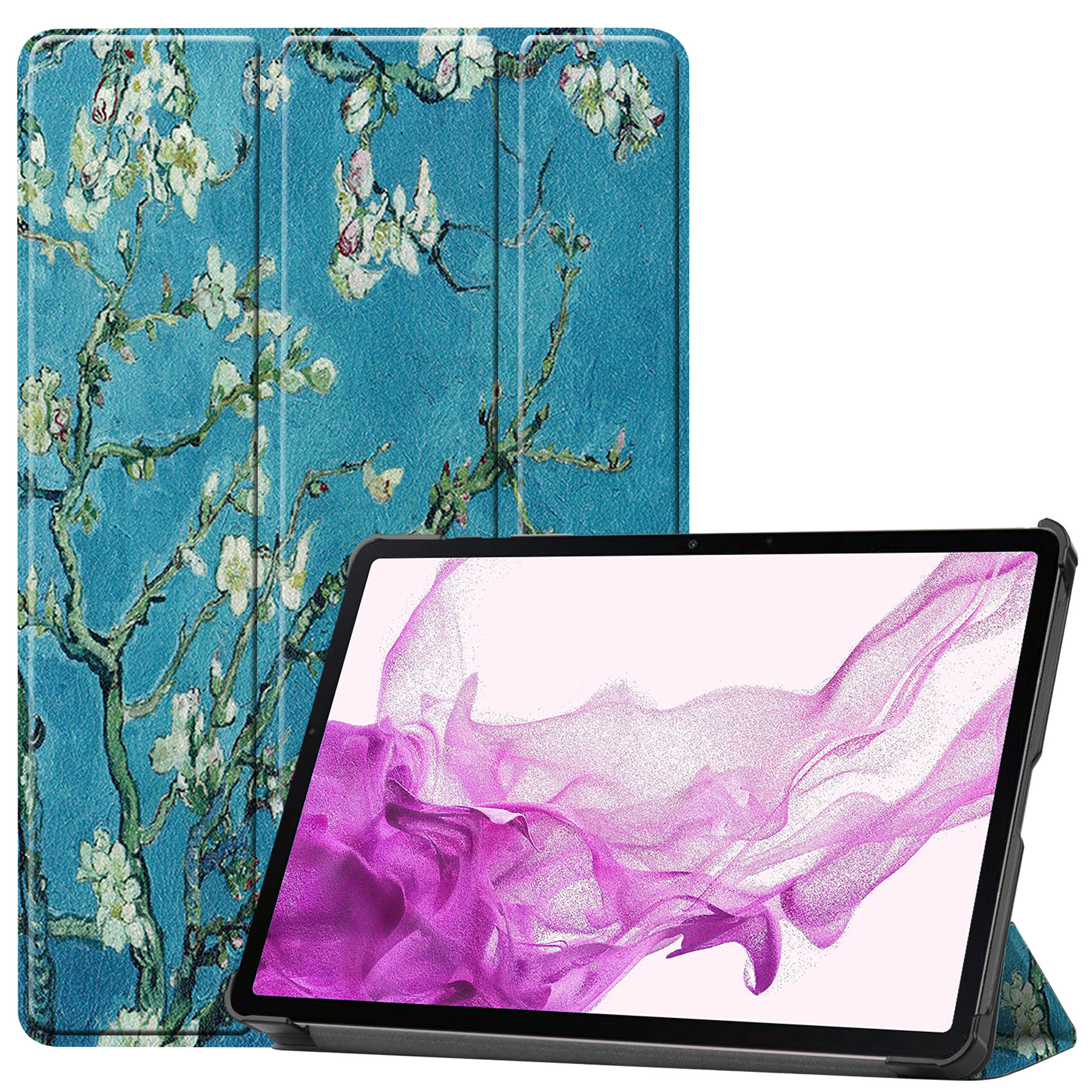 Nomfy Hoes Geschikt voor Samsung Galaxy Tab S8 Ultra Hoes Tri-fold Tablet Hoesje Case Met Screenprotector - Hoesje Geschikt voor Samsung Tab S8 Ultra Hoesje Hardcover Bookcase - Bloesem